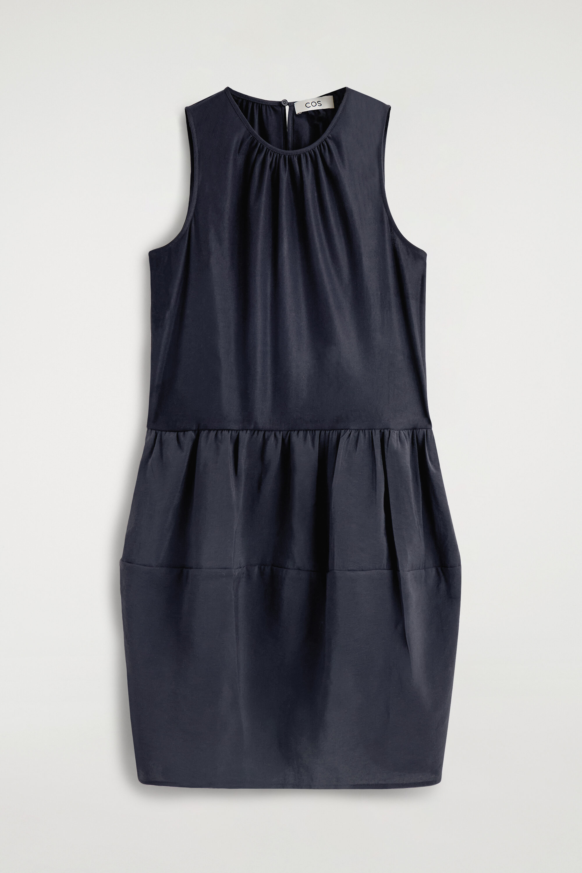 cos navy blue dress COS Dress Womens Size 8 Navy Blue Midi A-Line Long Sleeve Ruffle Pockets Stretch