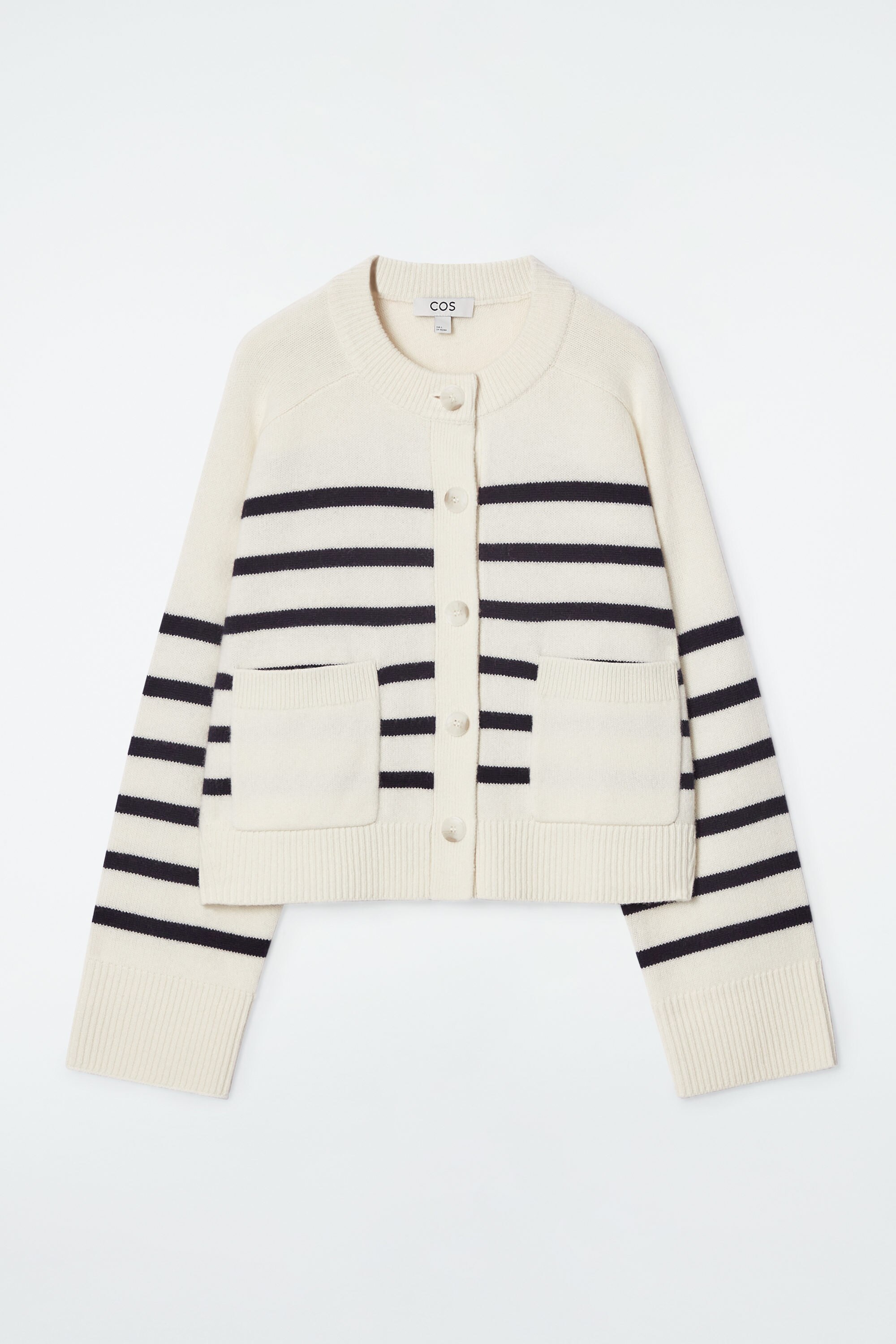 WOOL CREW-NECK CARDIGAN - WHITE / STRIPED | COS