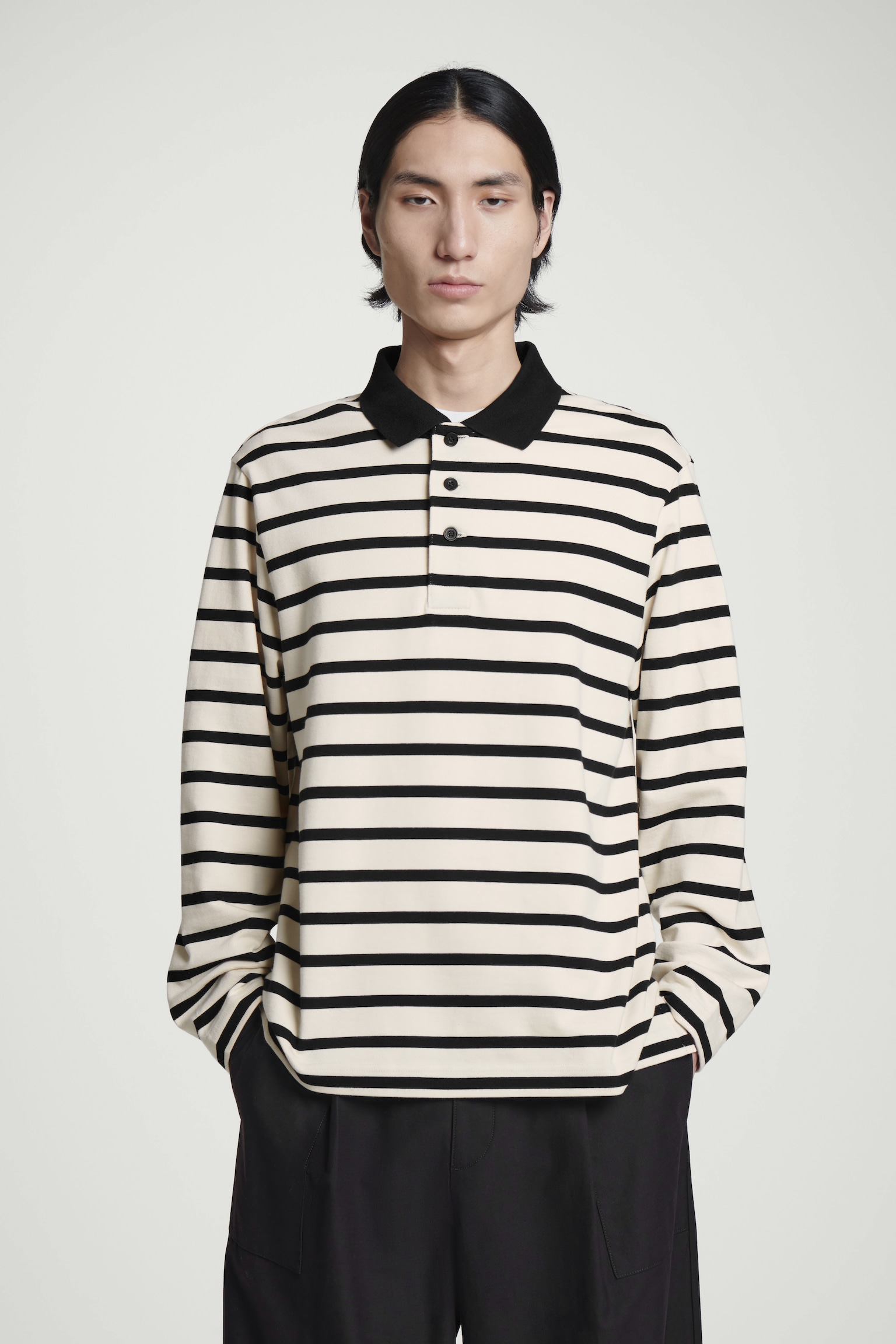 STRIPED LONG-SLEEVED POLO SHIRT - ECRU / BLACK