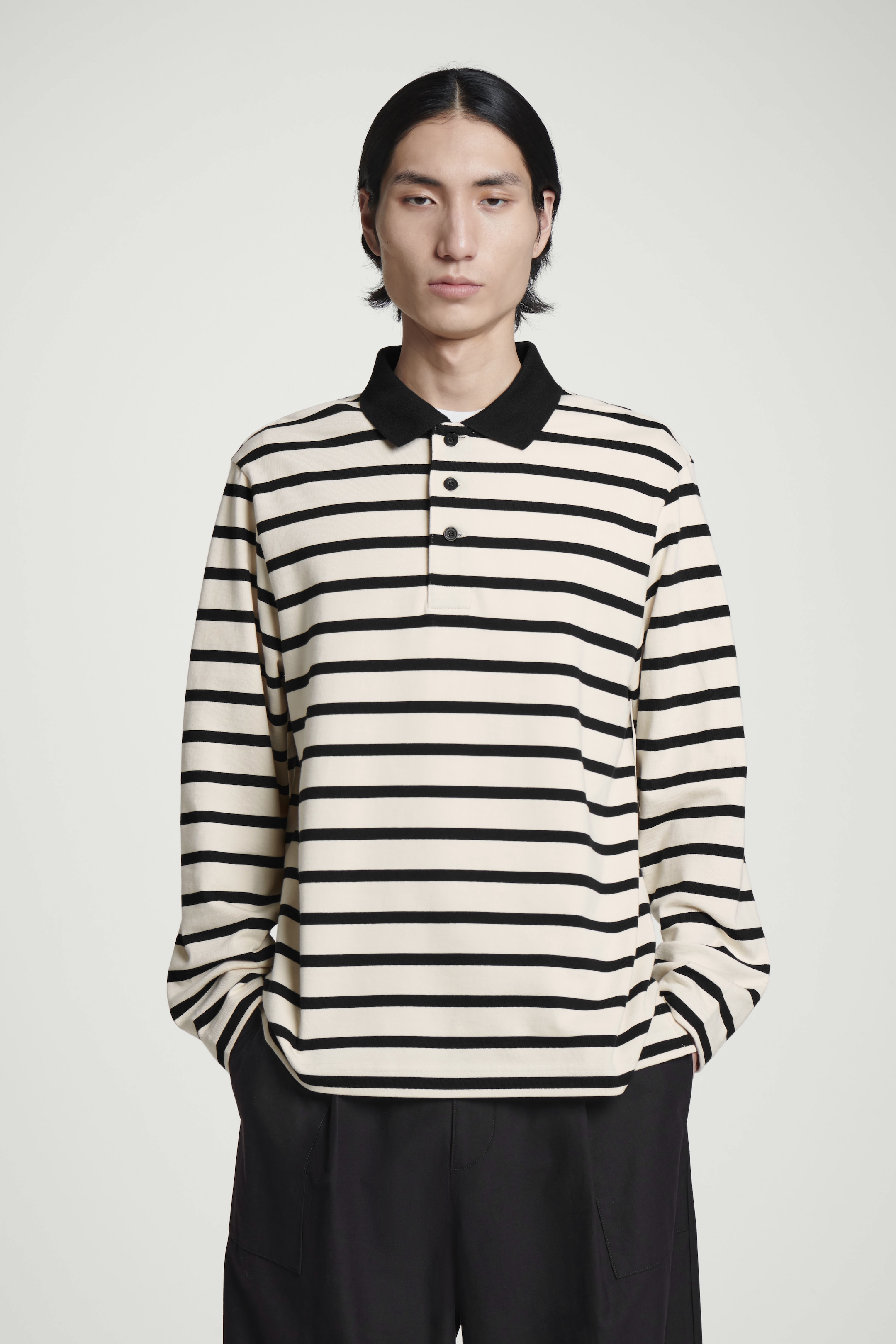 View larger image: STRIPED LONG-SLEEVED POLO SHIRT - ECRU / BLACK - Men | H&M GB 1