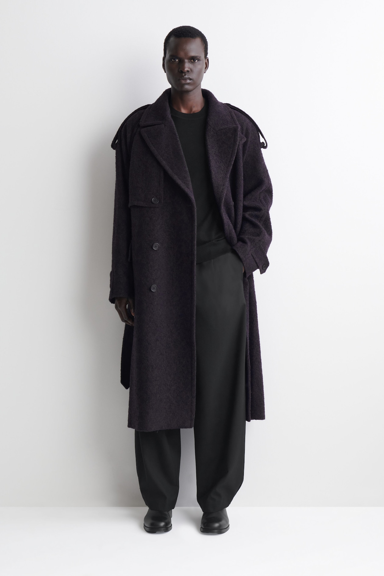 DOUBLE-FACED WOOL-BLEND HERRINGBONE COAT — DARK BROWN