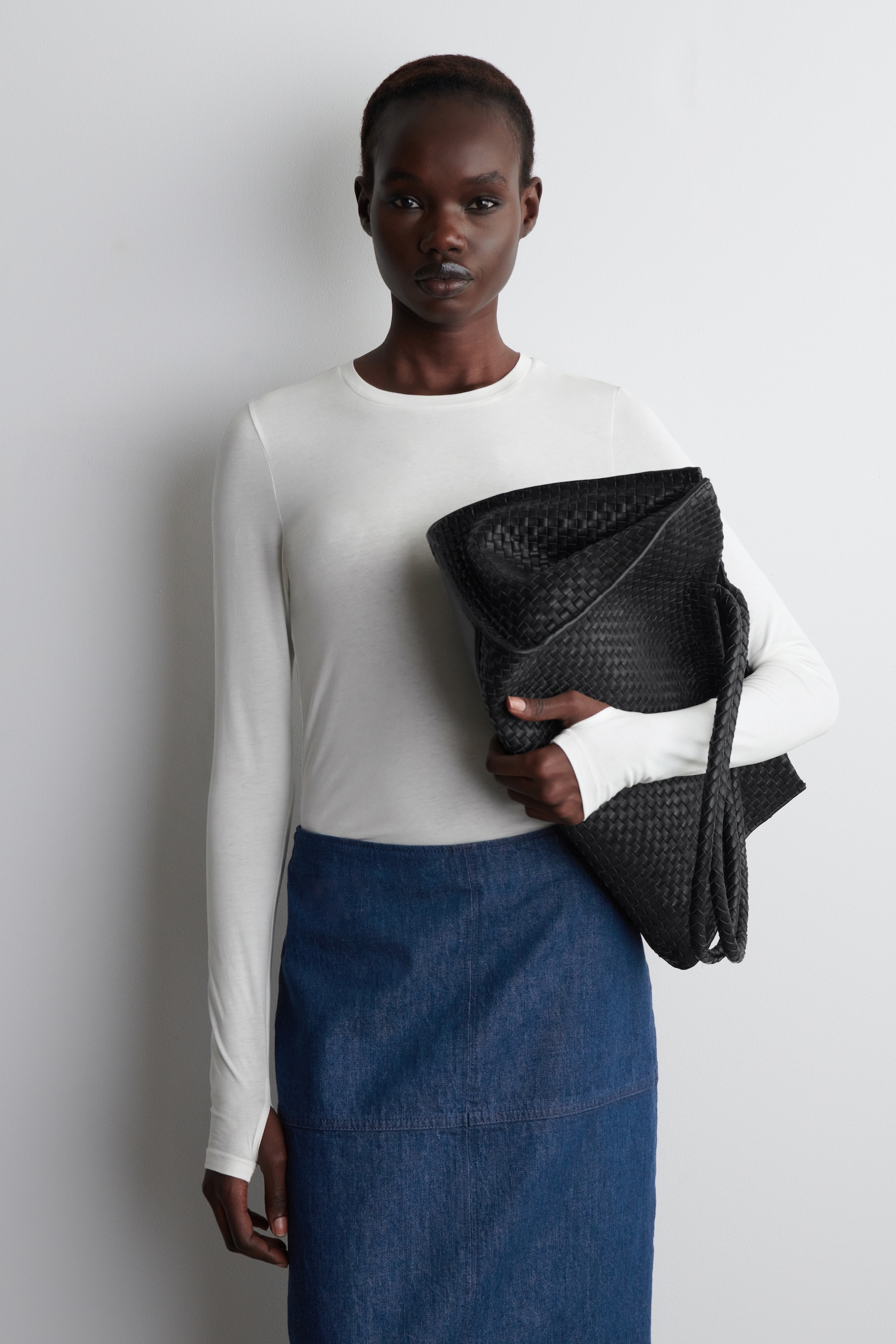 SLIM LIGHTWEIGHT LONG-SLEEVED TOP - WHITE/GREY MÉLANGE/BLACK/DARK RED/DARK GREEN/BROWN / STRIPED/GREY MÉLANGE - 1