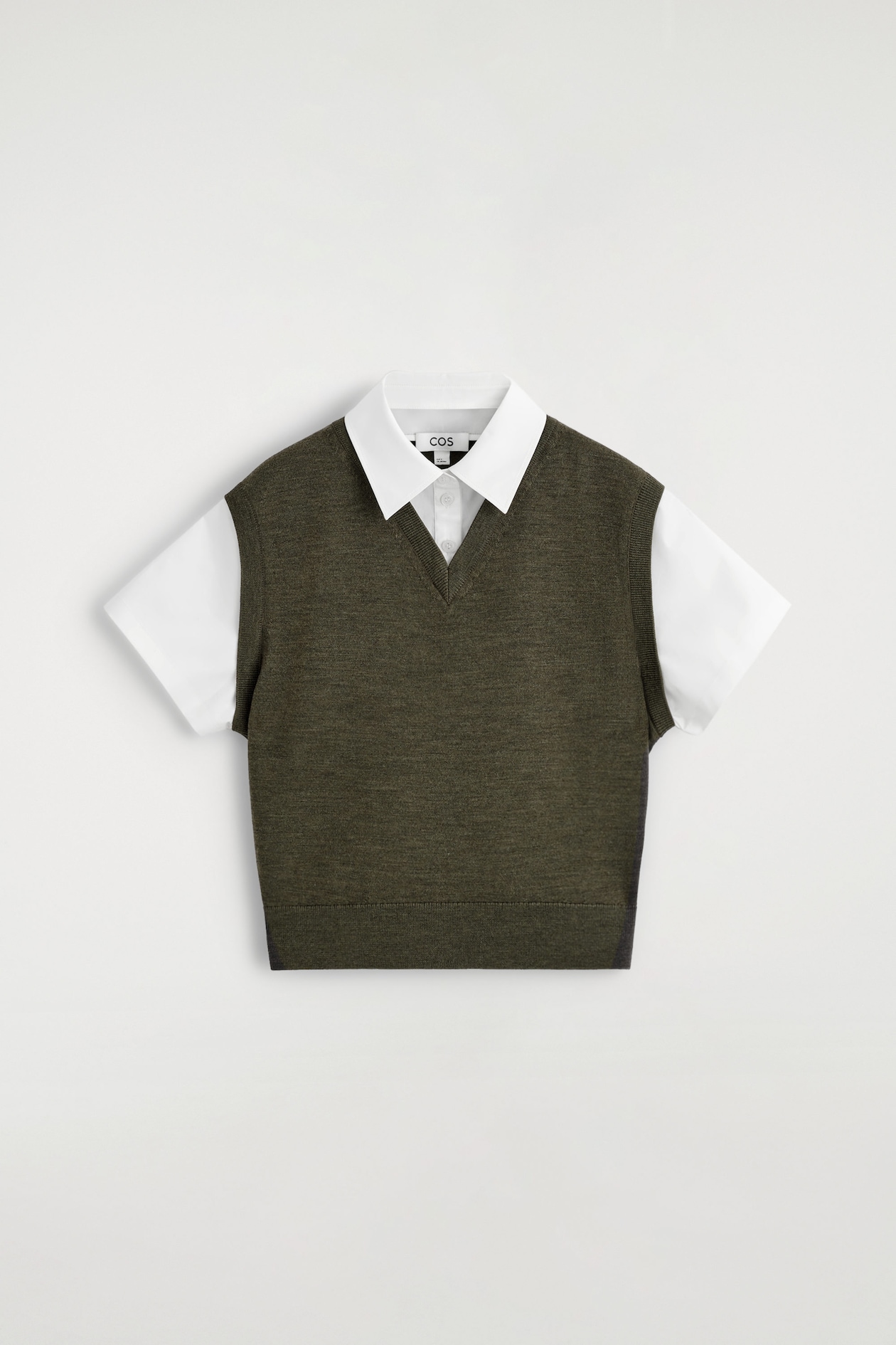 LAYERED MERINO WOOL SHIRT VEST — KHAKI / WHITE