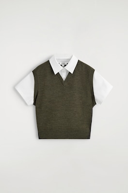 LAYERED MERINO WOOL SHIRT VEST — KHAKI / WHITE 8