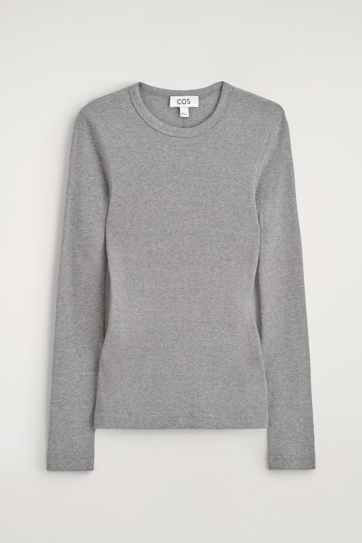 The slim ribbed cotton long-sleeved top is shown in a front view, showcasing its fine ribbed-knit texture in a heather grey colour. It features a crew neckline, long sleeves, and a slim-fit silhouette.
