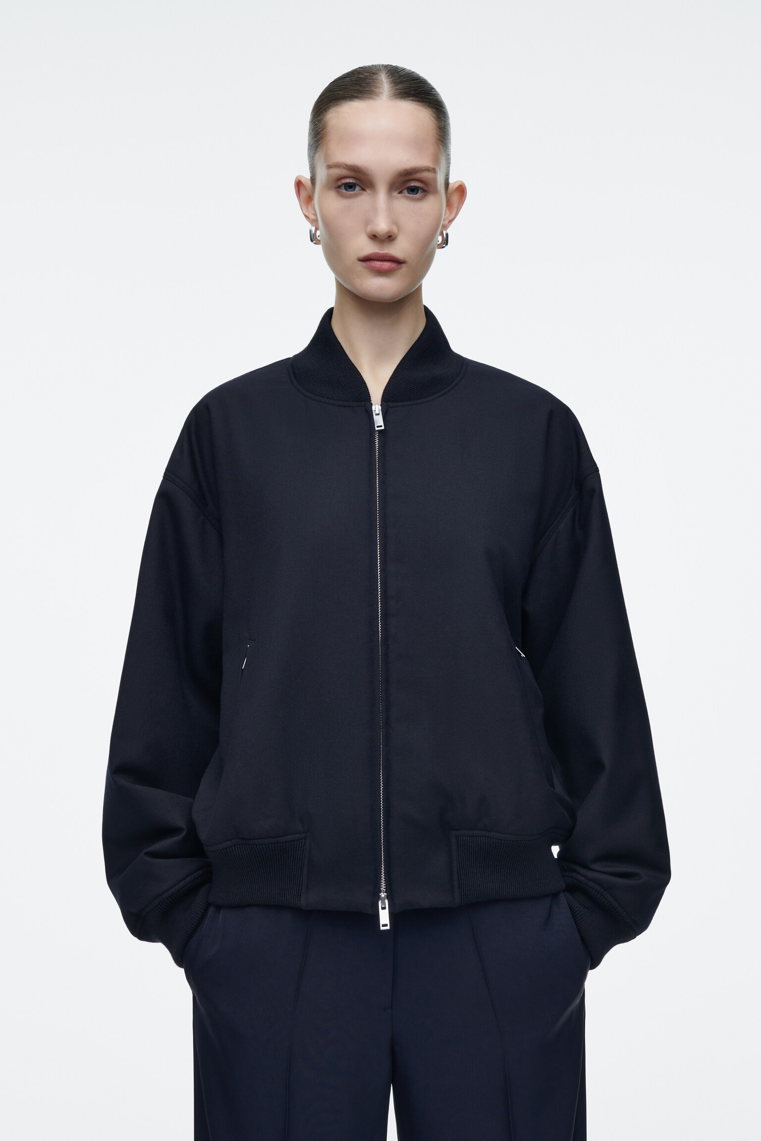 VESTE BOMBER OVERSIZE EN LAINE - BLEU MARINE - 1