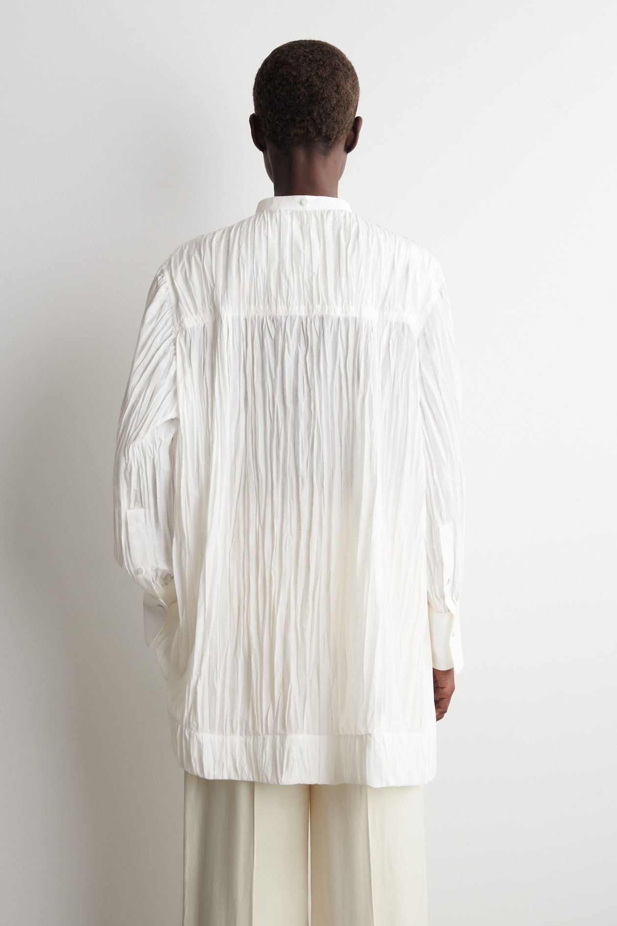 BIB-FRONT CRINKLED-COTTON SHIRT — WHITE