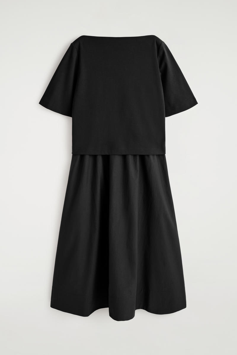 Contrast-Panel Boat-Neck Midi Dress
