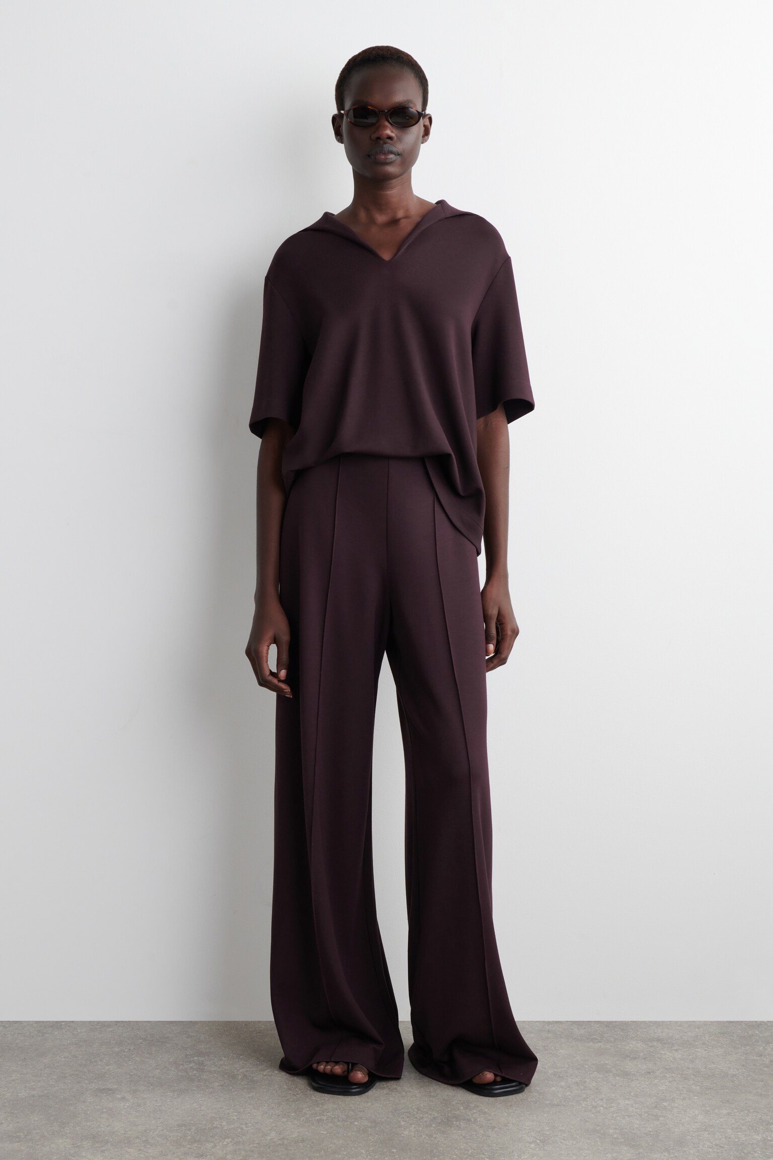 MODAL WIDE-LEG TROUSERS - BURGUNDY/NAVY