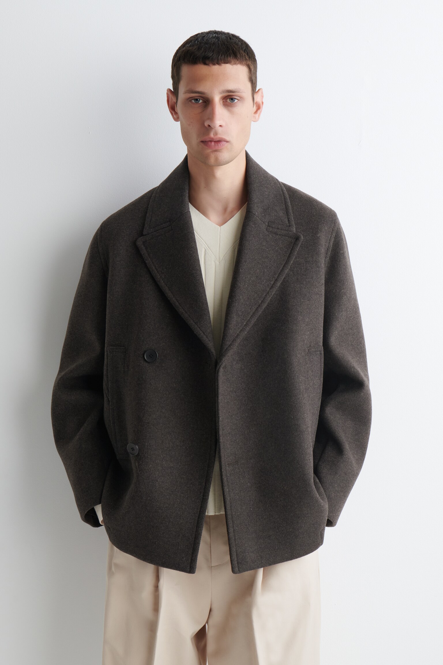 DOPPELREIHIGE CABANJACKE AUS WOLLE - DUNKELBRAUN MELIERT - 5