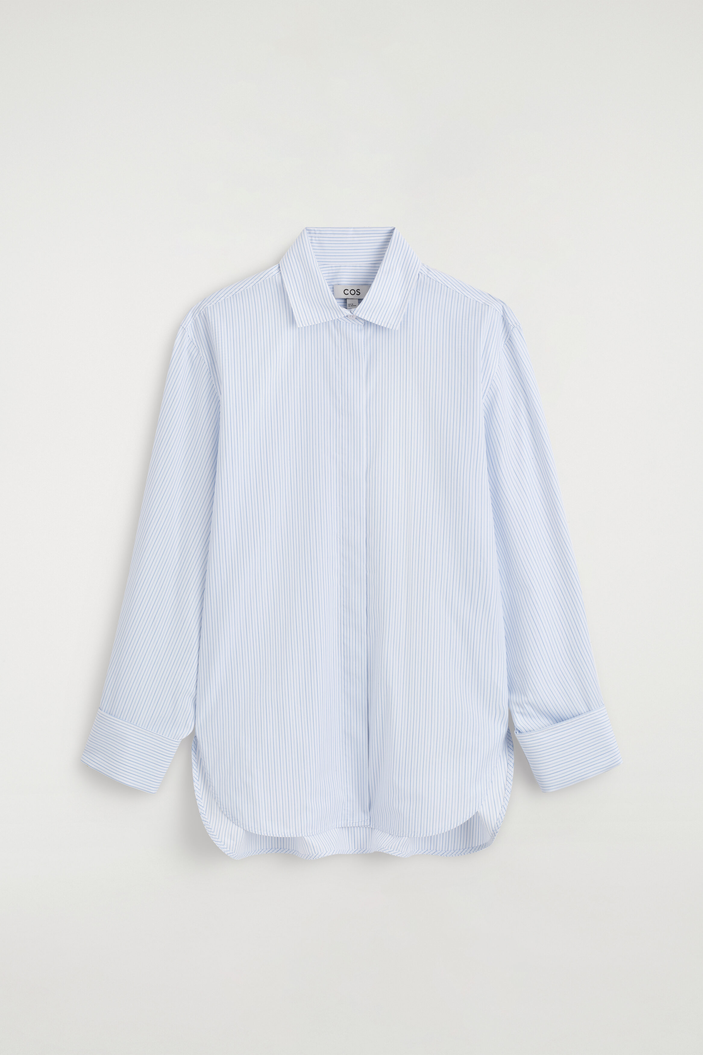 Blue Striped Shirt, Cream Barrel Pants