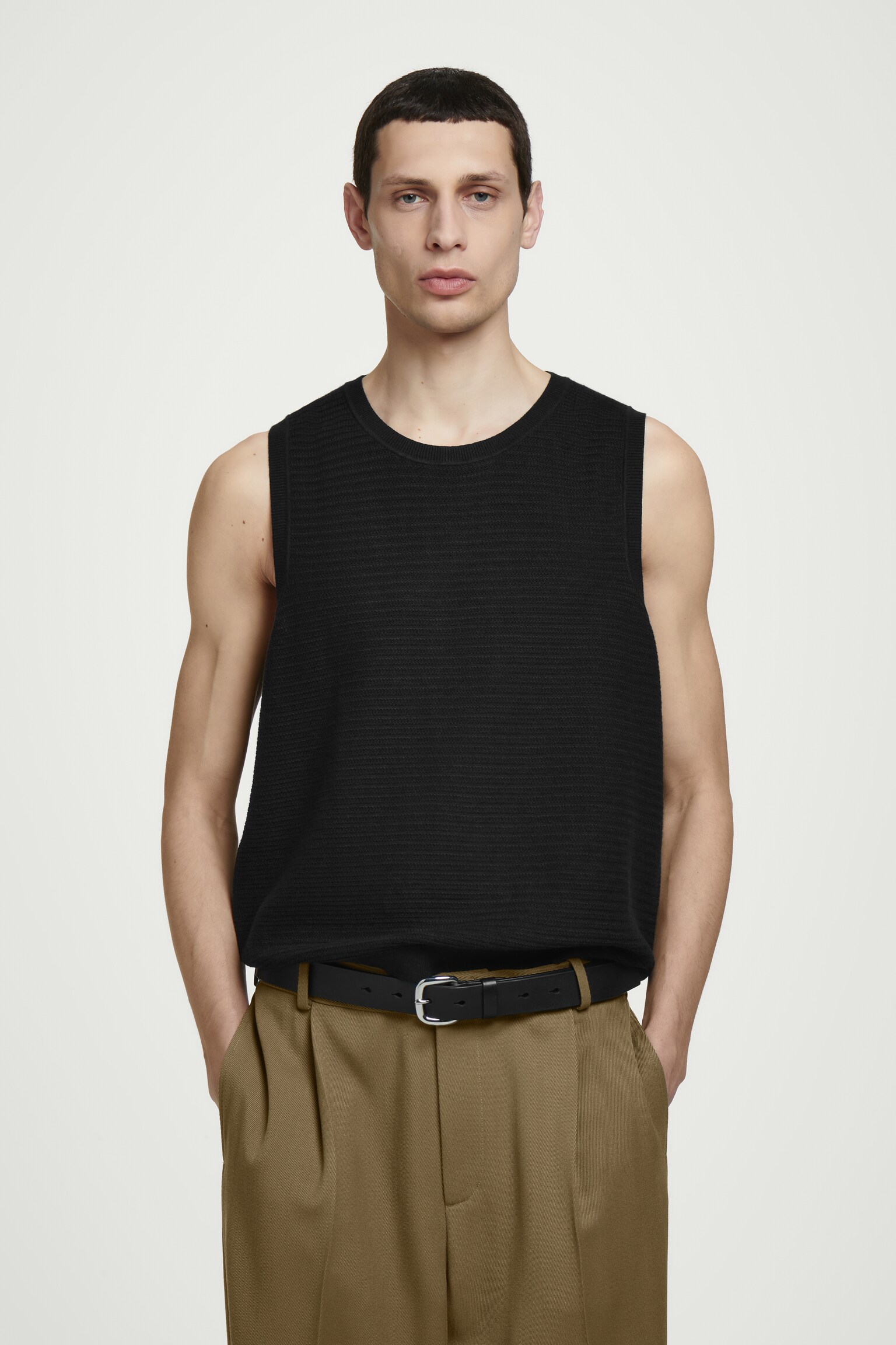 TEXTURED KNITTED COTTON TANK TOP - BLACK/NAVY/OFF-WHITE/BLUE