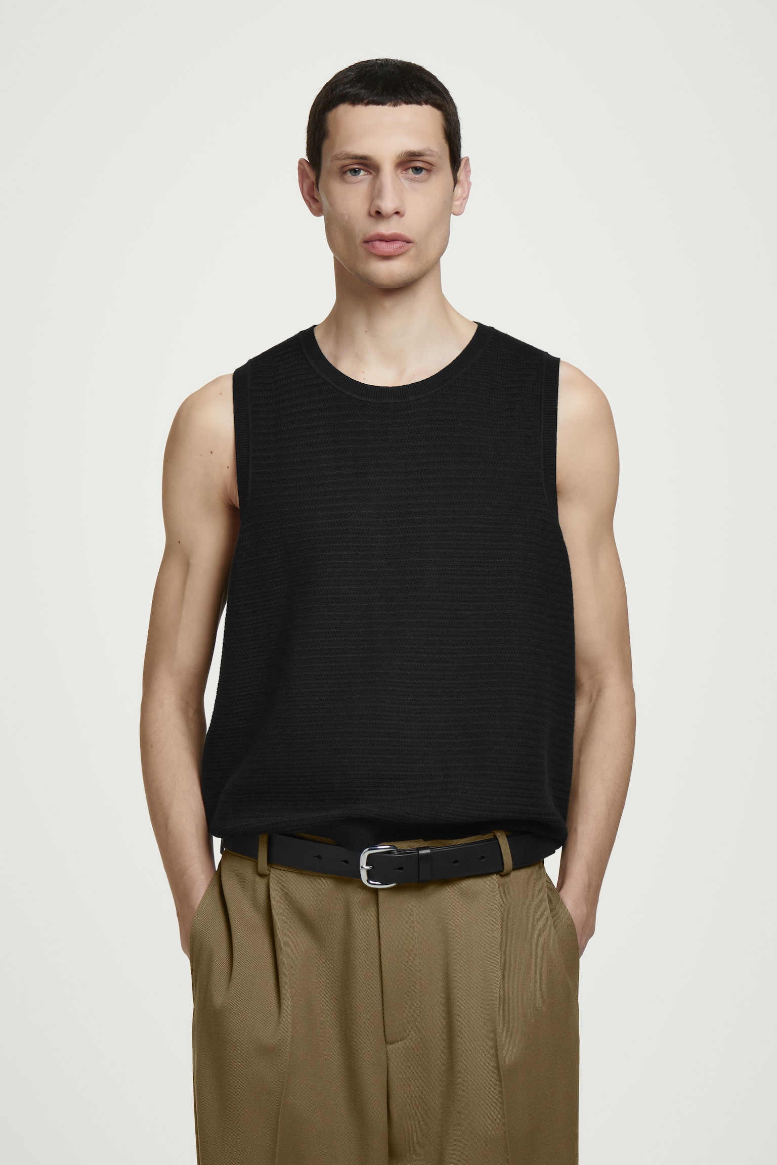 TEXTURED KNITTED COTTON TANK TOP - BLACK/OFF-WHITE/BLUE/NAVY