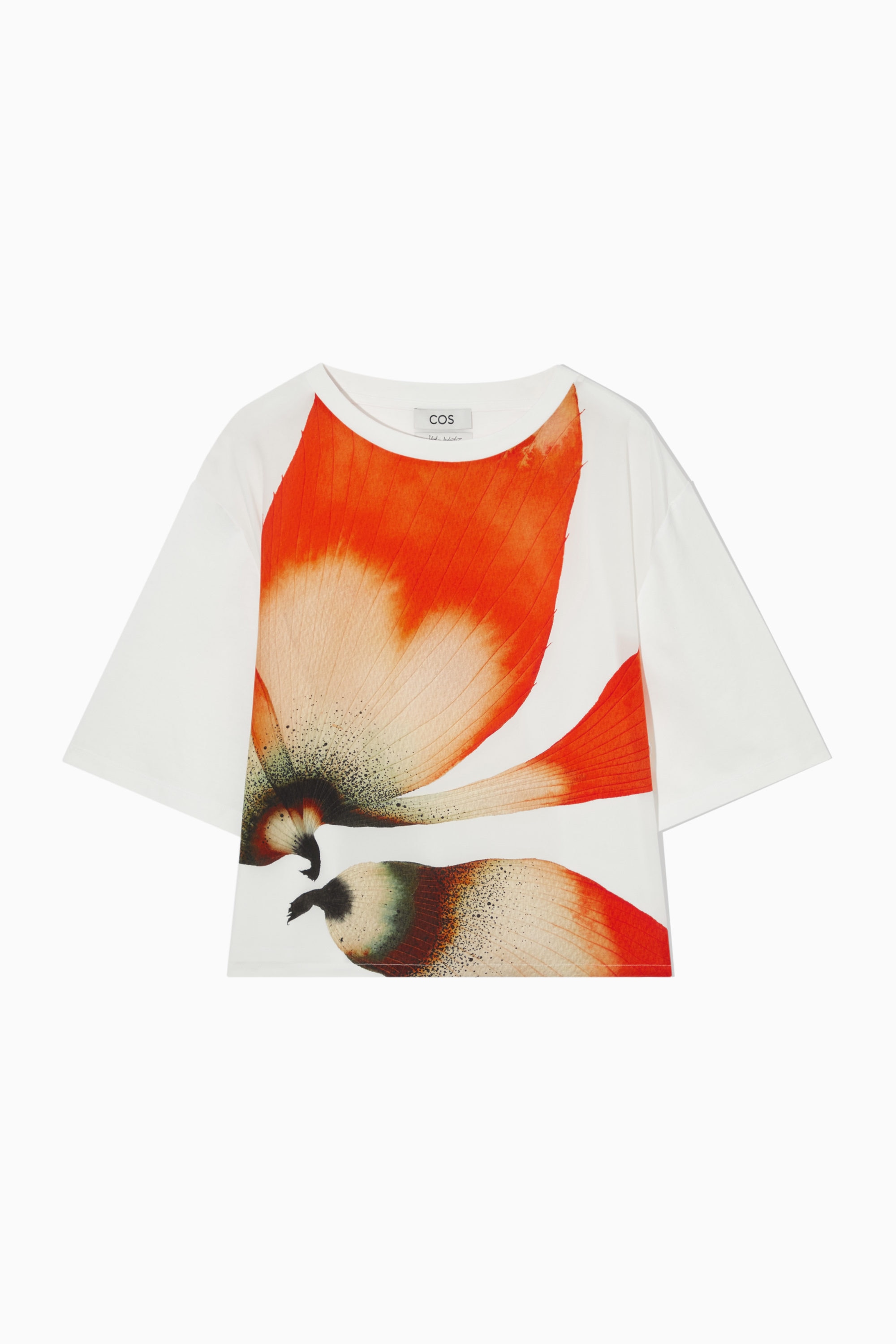 トップス cos contrast silk panel shirt FLORAL-PRINT SILK-PANEL T-SHIRT - WHITE / ORANGE / FLORAL | COS