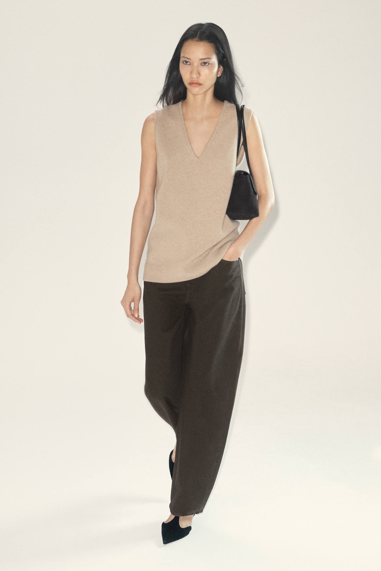 GILET IN LANA CON SCOLLO A V - BEIGE MÉLANGE/MARRONE - 4