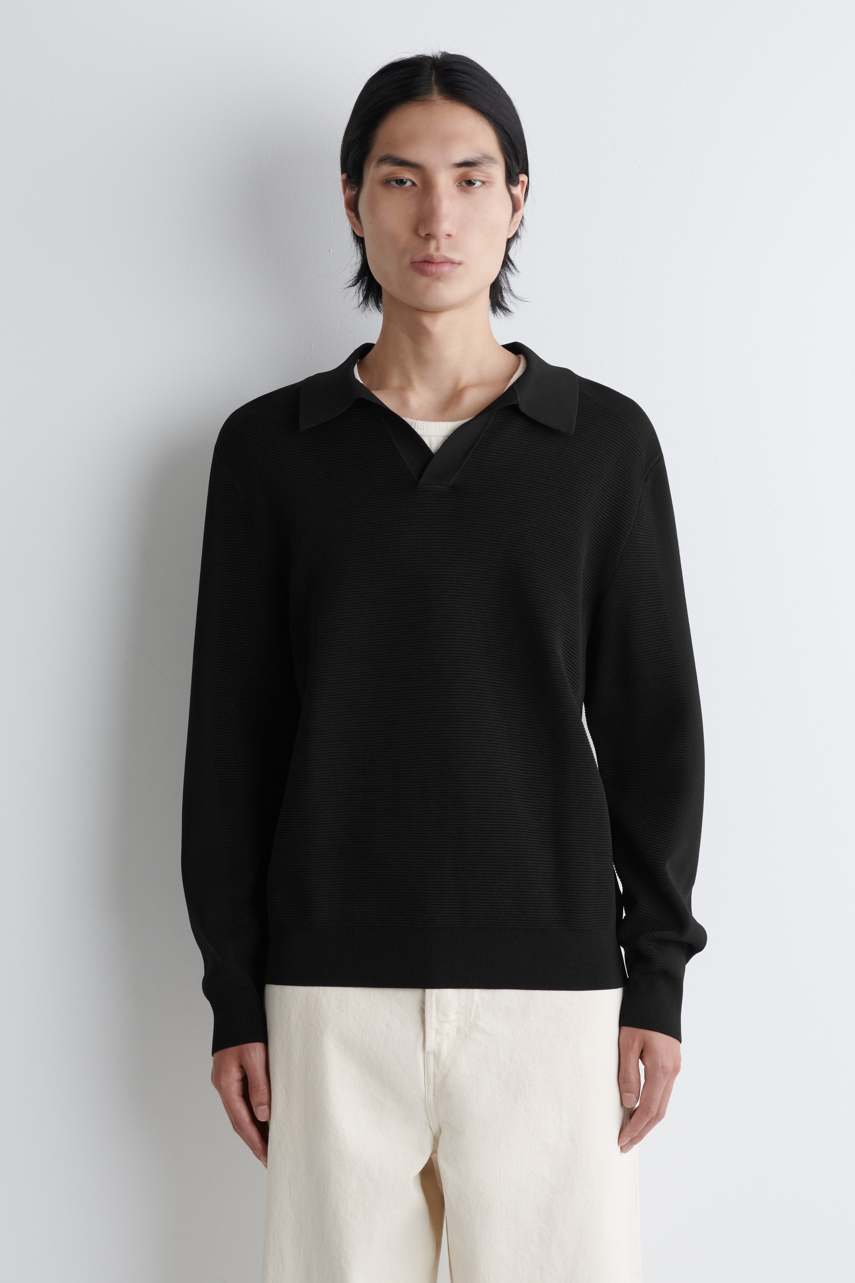 TEXTURED KNITTED POLO JUMPER - BLACK