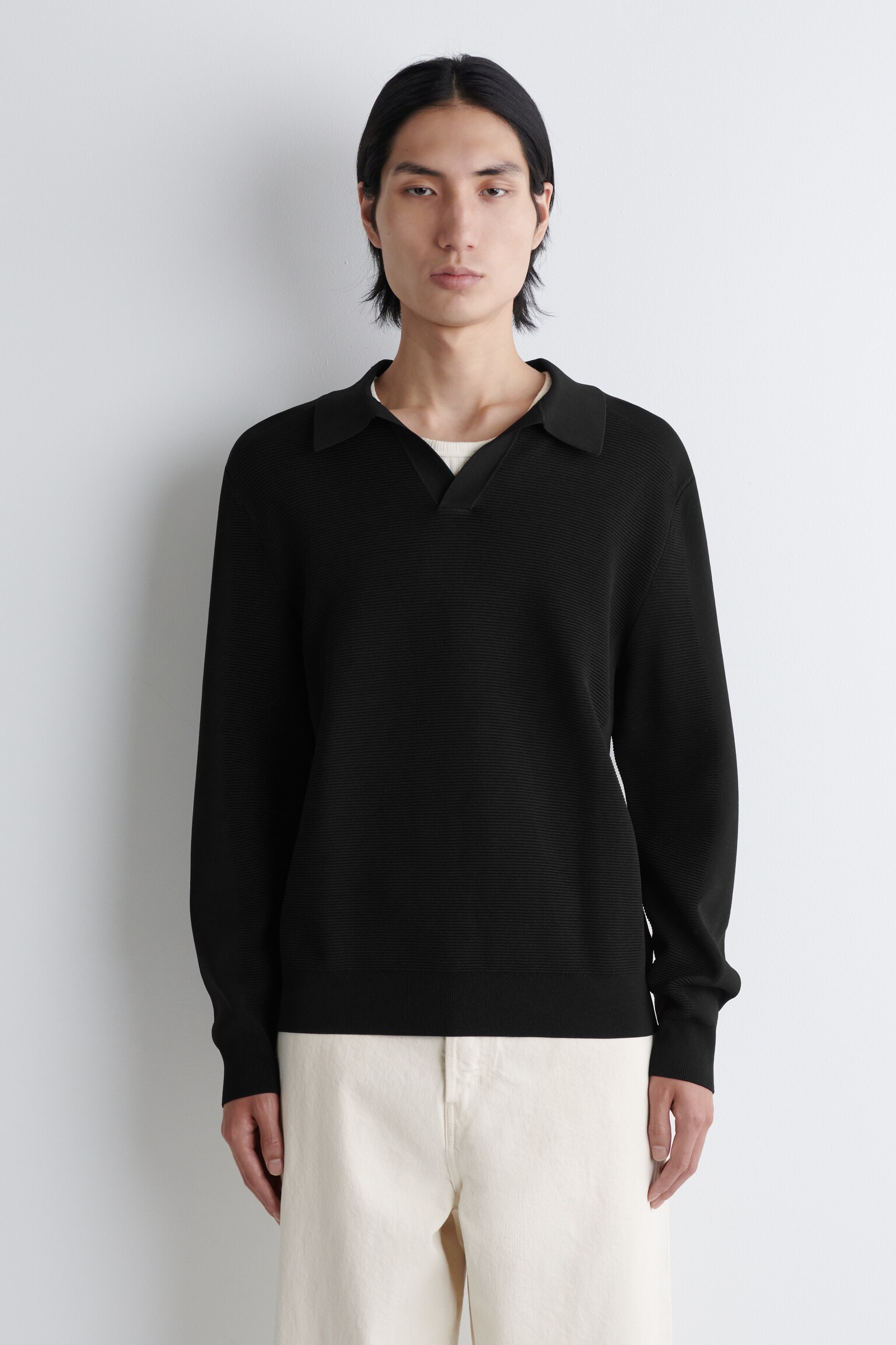 PULL POLO EN MAILLE TEXTURÉE - NOIR - 1