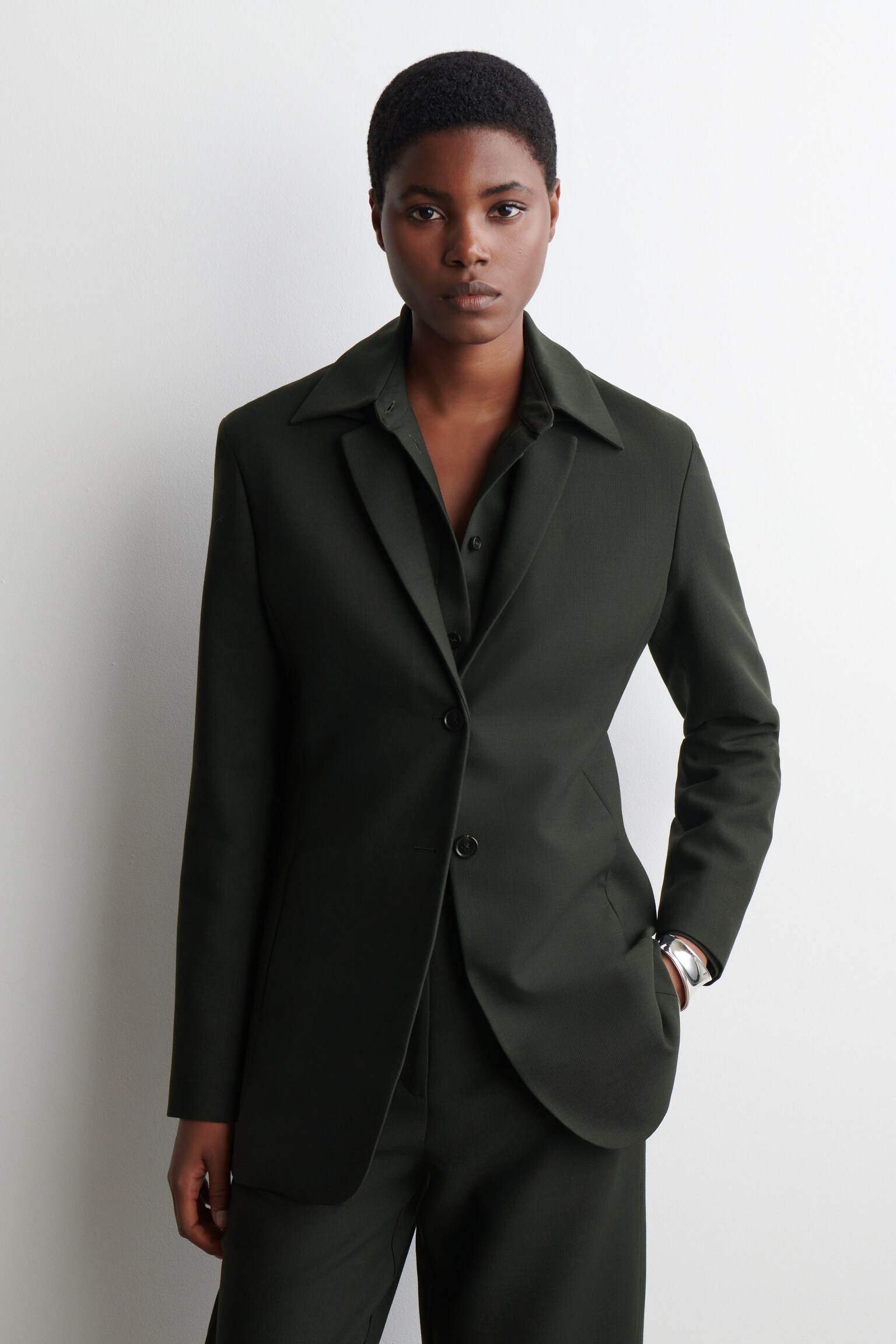 BLAZER LONG EN LAINE MÉLANGÉE - VERT FONCÉ
