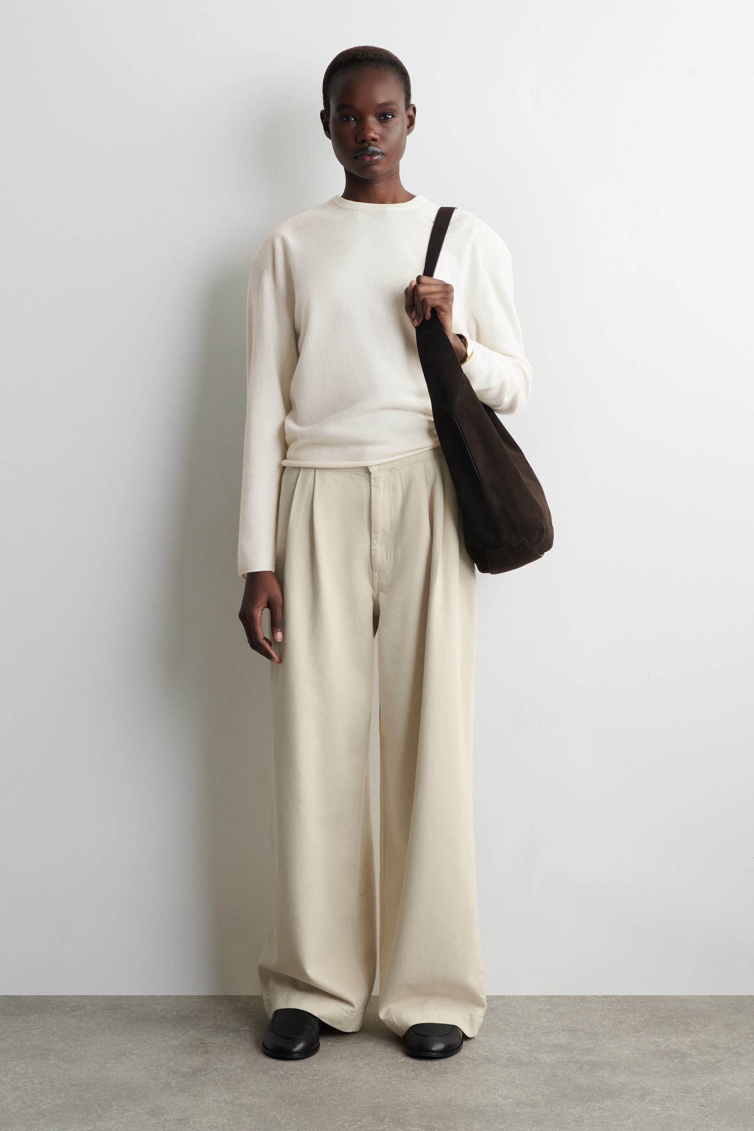 PLEATED WIDE-LEG DENIM TROUSERS - CREAM - 1