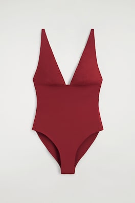 BONDED-SCUBA V-NECK SWIMSUIT — DARK RED 4