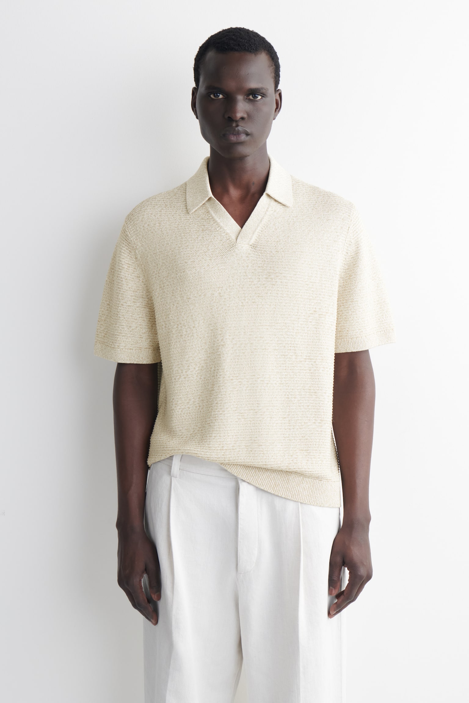 POLO CON LAVORAZIONE A MAGLIA APERTA - BEIGE CHIARO MÉLANGE/BLU NAVY / BIANCO / RIGHE - 1