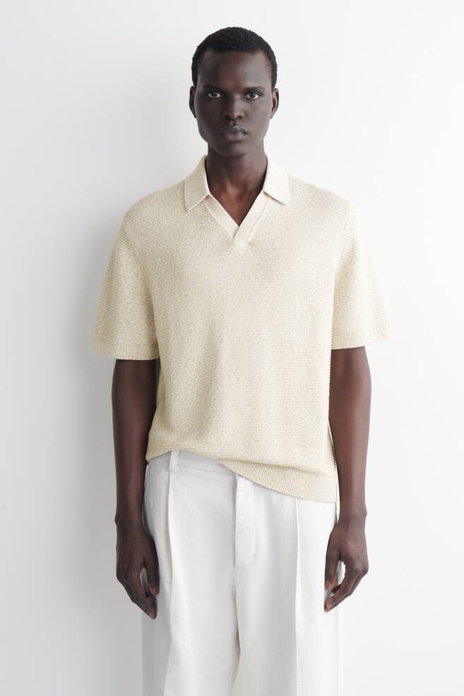 OPEN-KNIT POLO SHIRT - LIGHT-BEIGE MÉLANGE - 1