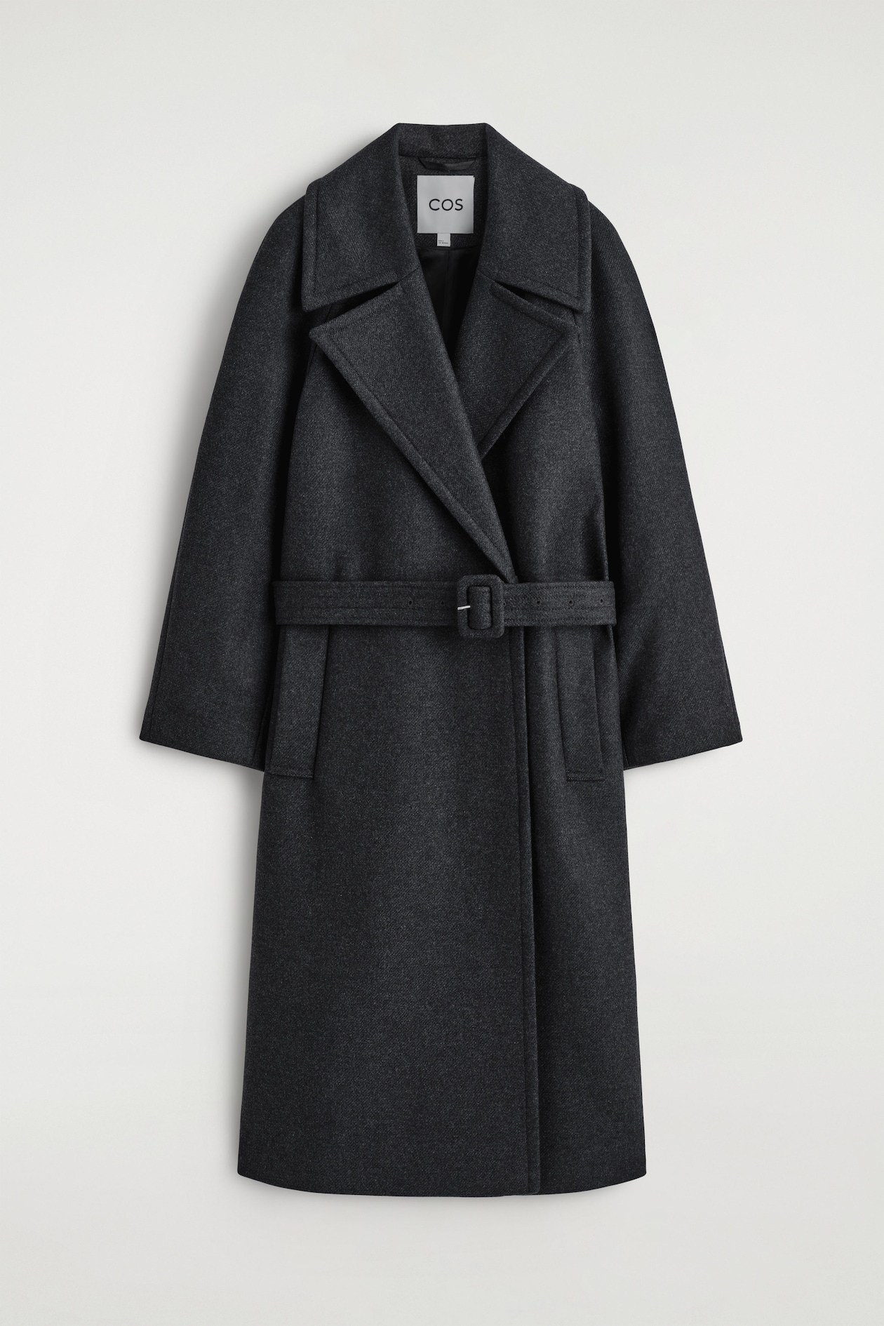TAILORED BELTED WOOL-TWILL COAT — CHARCOAL