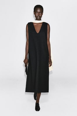 BOILED WOOL-BLEND V-NECK MIDI DRESS — BLACK 1