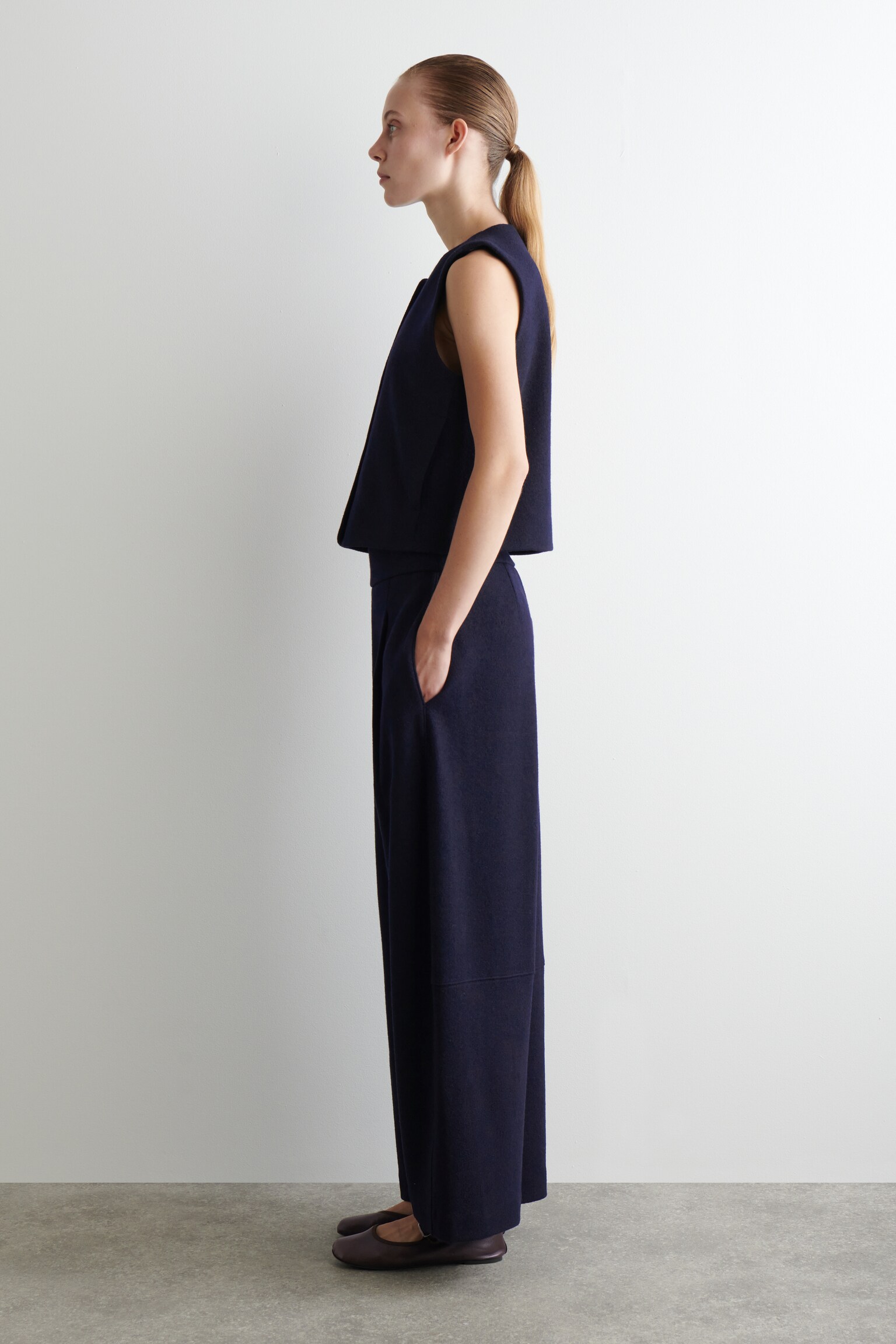 PANTALON BARREL EN LAINE BOUILLIE - BLEU MARINE - 5