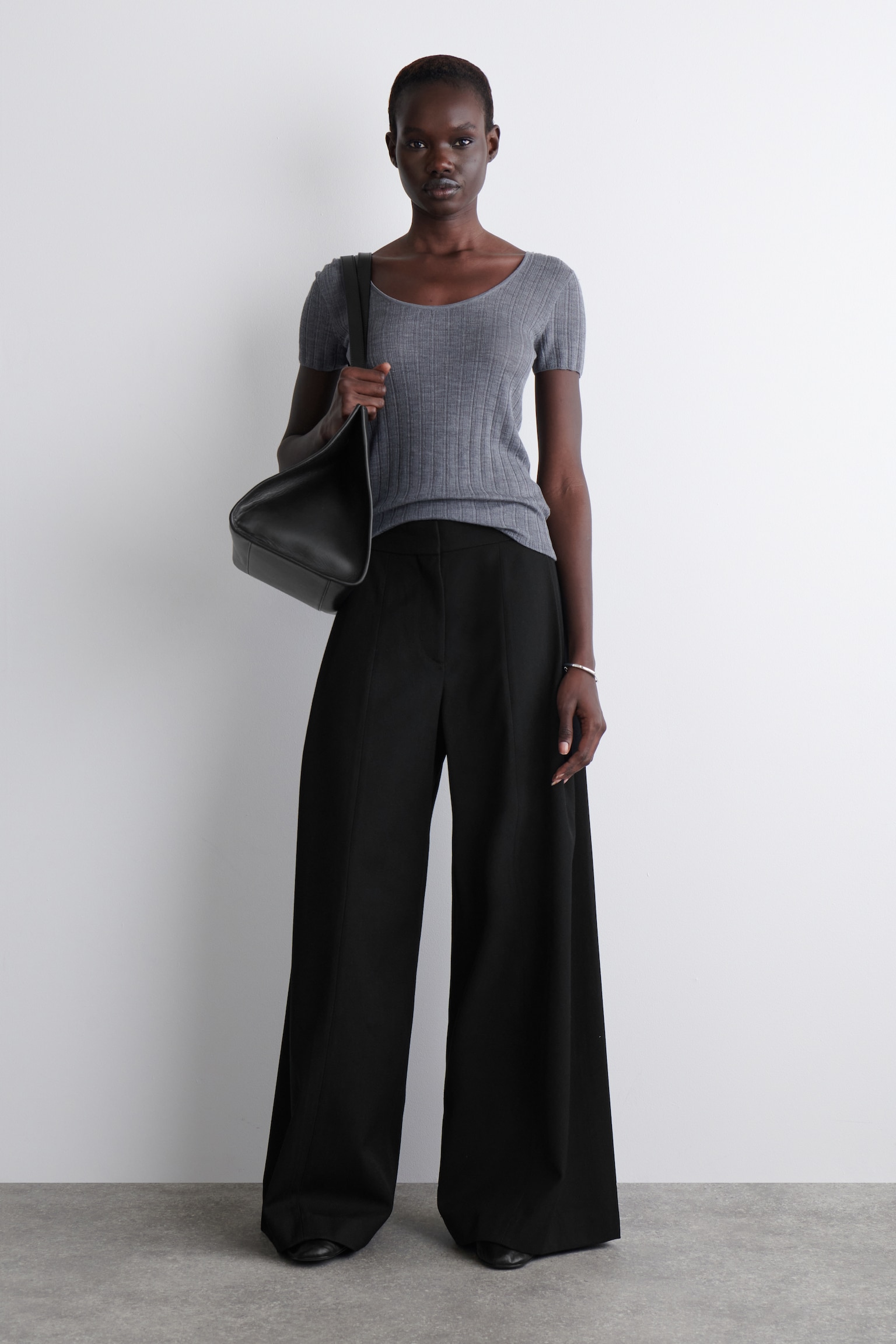 PANTALON LARGE DÉCONTRACTÉ EN LAINE MÉLANGÉE - NOIR/BORDEAUX