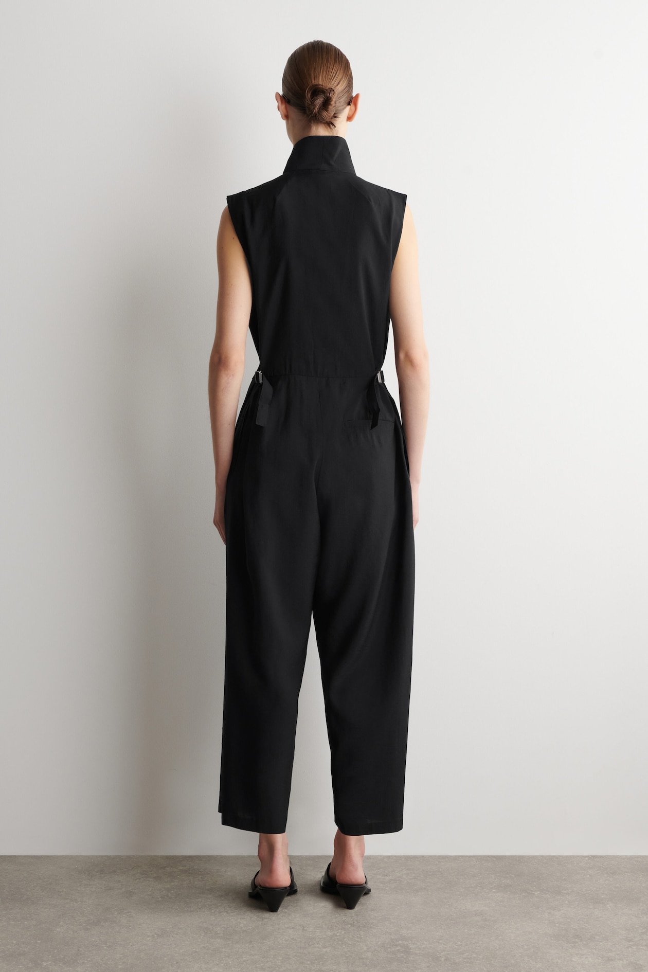SHAWL-COLLAR UTILITY JUMPSUIT — BLACK