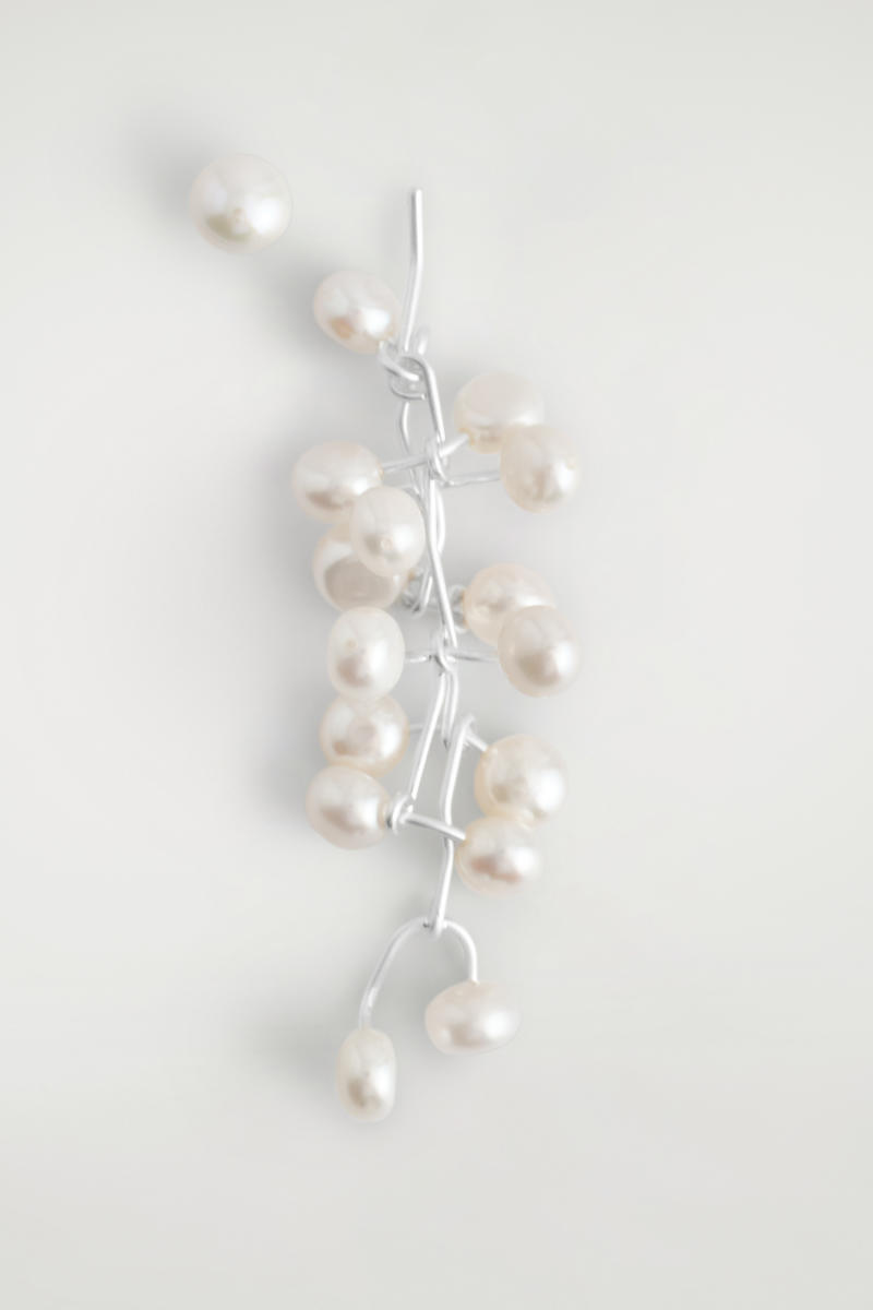Cos Mismatched Cascading Freshwater Pearl Earrings In White