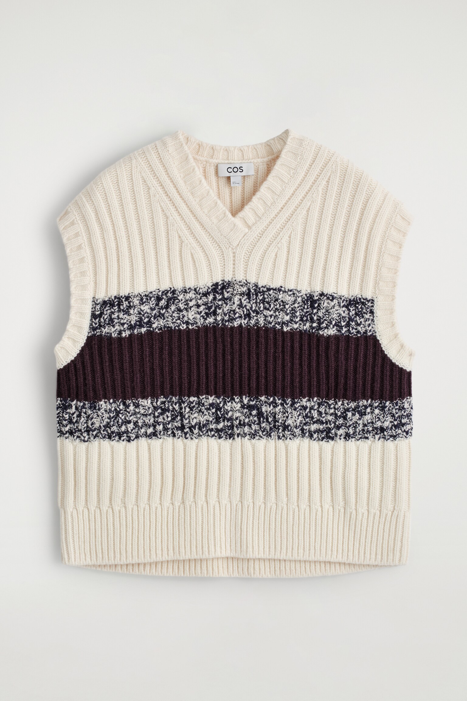 TEXTURED MERINO WOOL V-NECK VEST - CREAM / BURGUNDY - 1