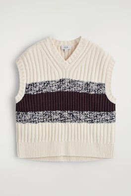 TEXTURED MERINO WOOL V-NECK VEST — CREAM / BURGUNDY 2