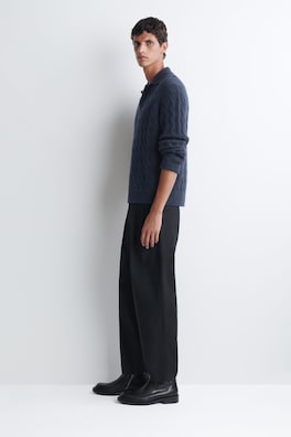 CABLE-KNIT PURE CASHMERE POLO SWEATER — NAVY 3