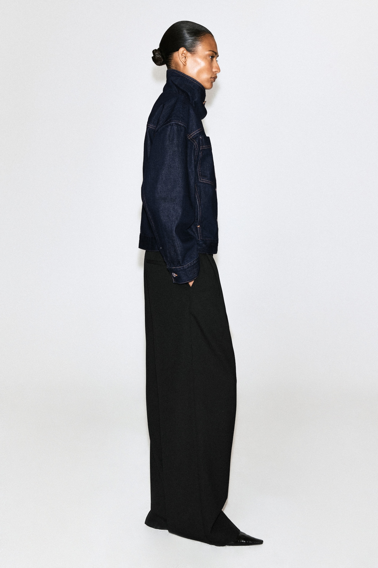 MOCK-NECK DENIM JACKET — INDIGO
