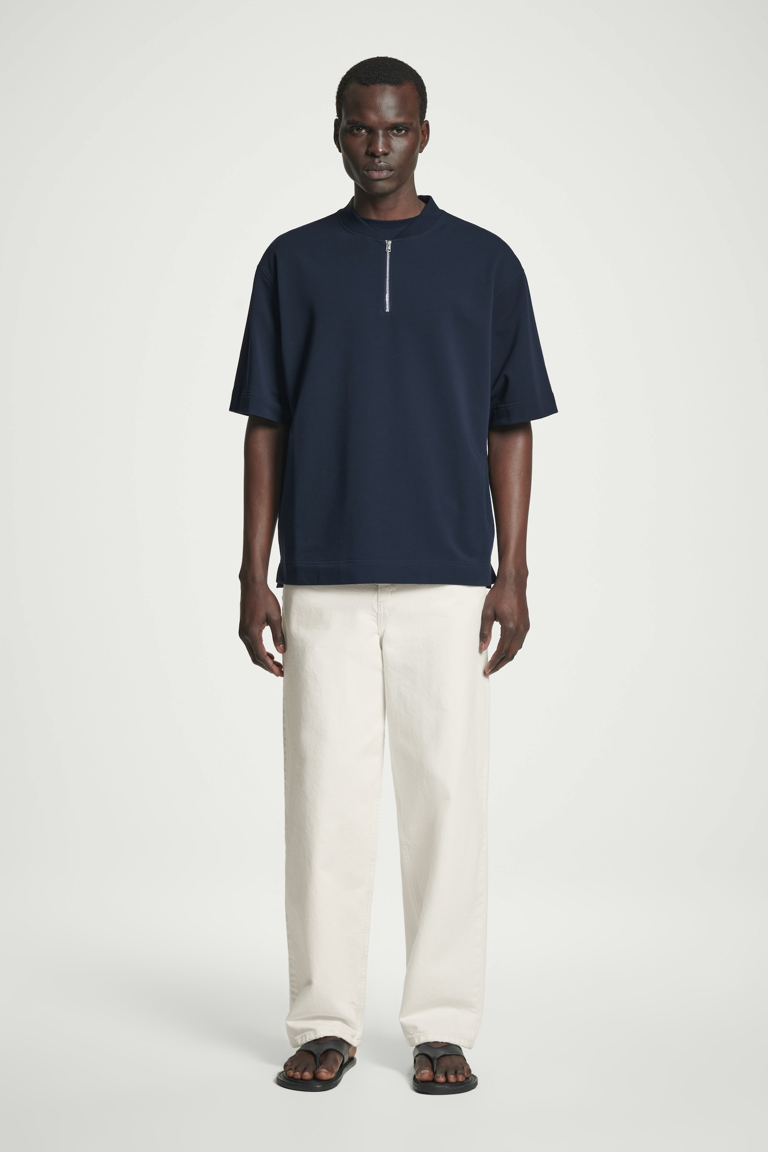 HALF-ZIP COTTON T-SHIRT - NAVY/WHITE - 4