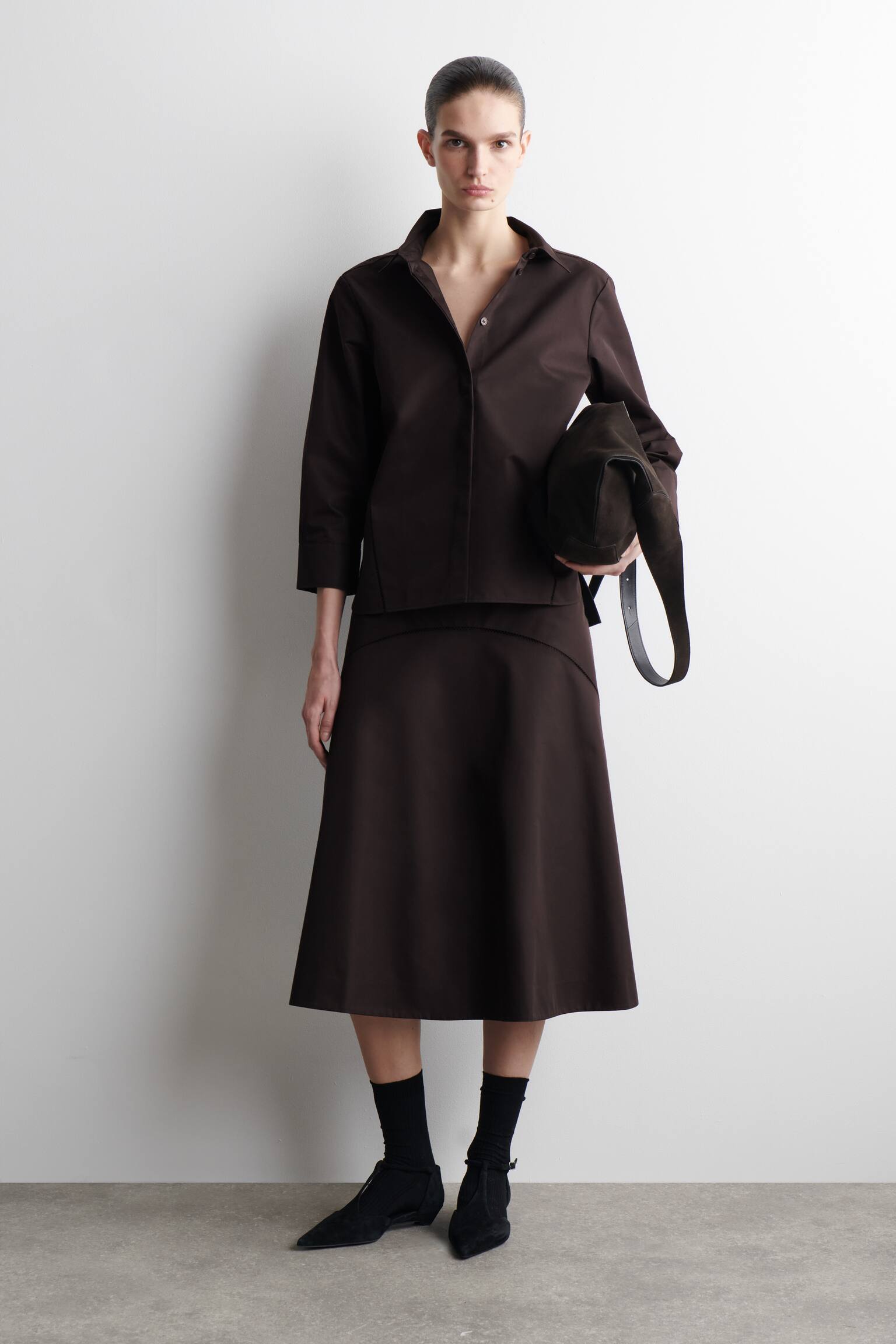 KOSZULA Z AŻUROWYM HAFTEM ZAWIERAJĄCA BAWEŁNĘ - CIEMNOBRĄZOWY - 3