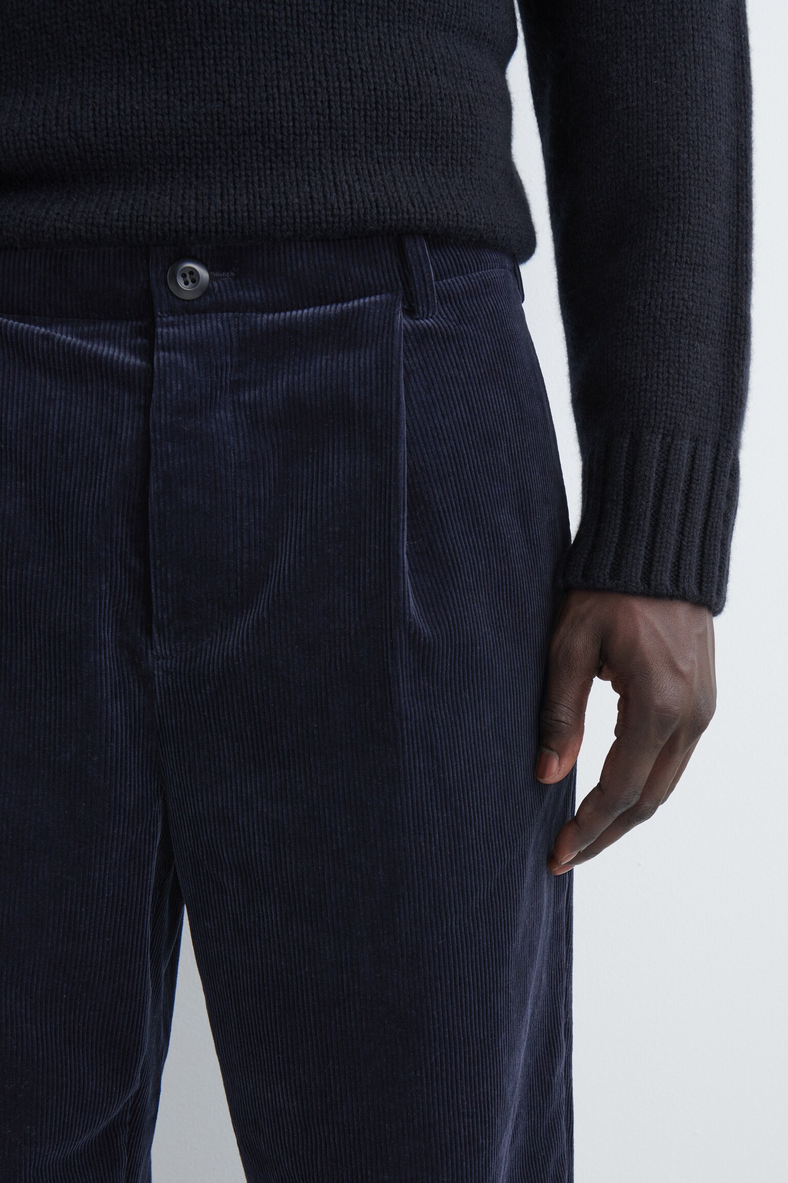 PANTALON DROIT À PLIS EN VELOURS CÔTELÉ - BLEU MARINE/KAKI FONCÉ - 5