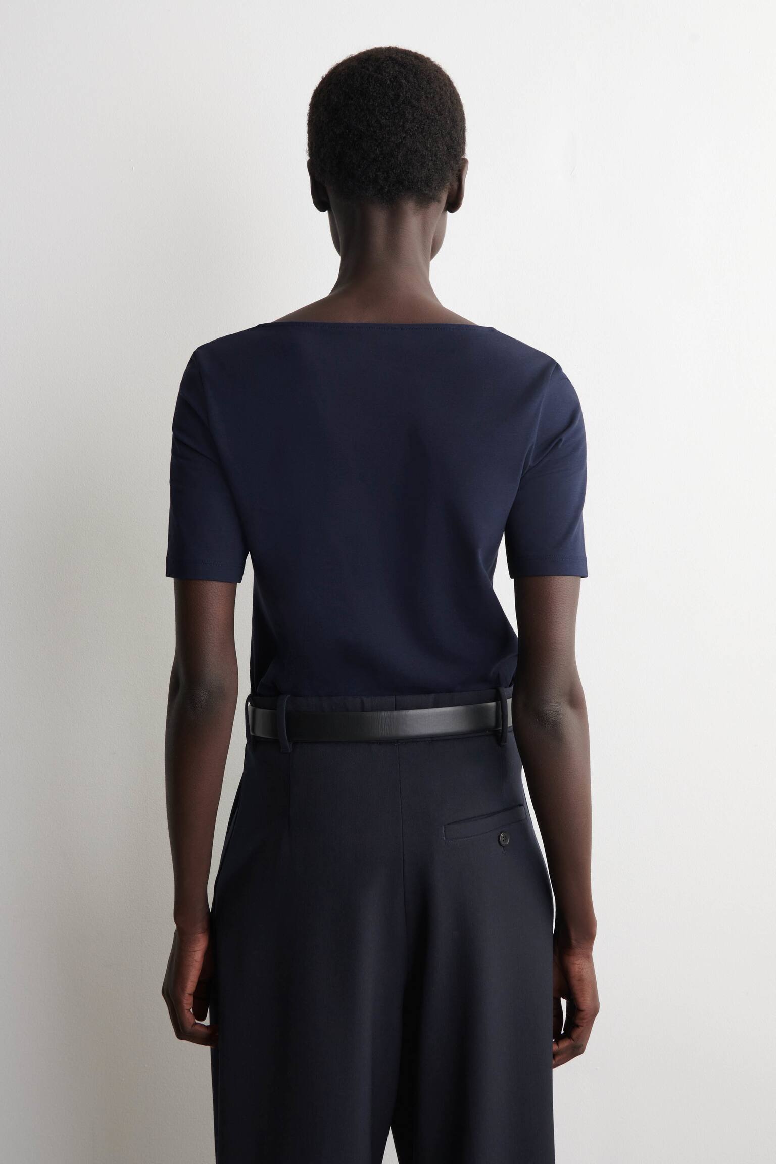 T-SHIRT SLIM IN COTONE CON SCOLLO ROTONDO - BLU NAVY/MARRONE MÉLANGE/AVORIO - 5