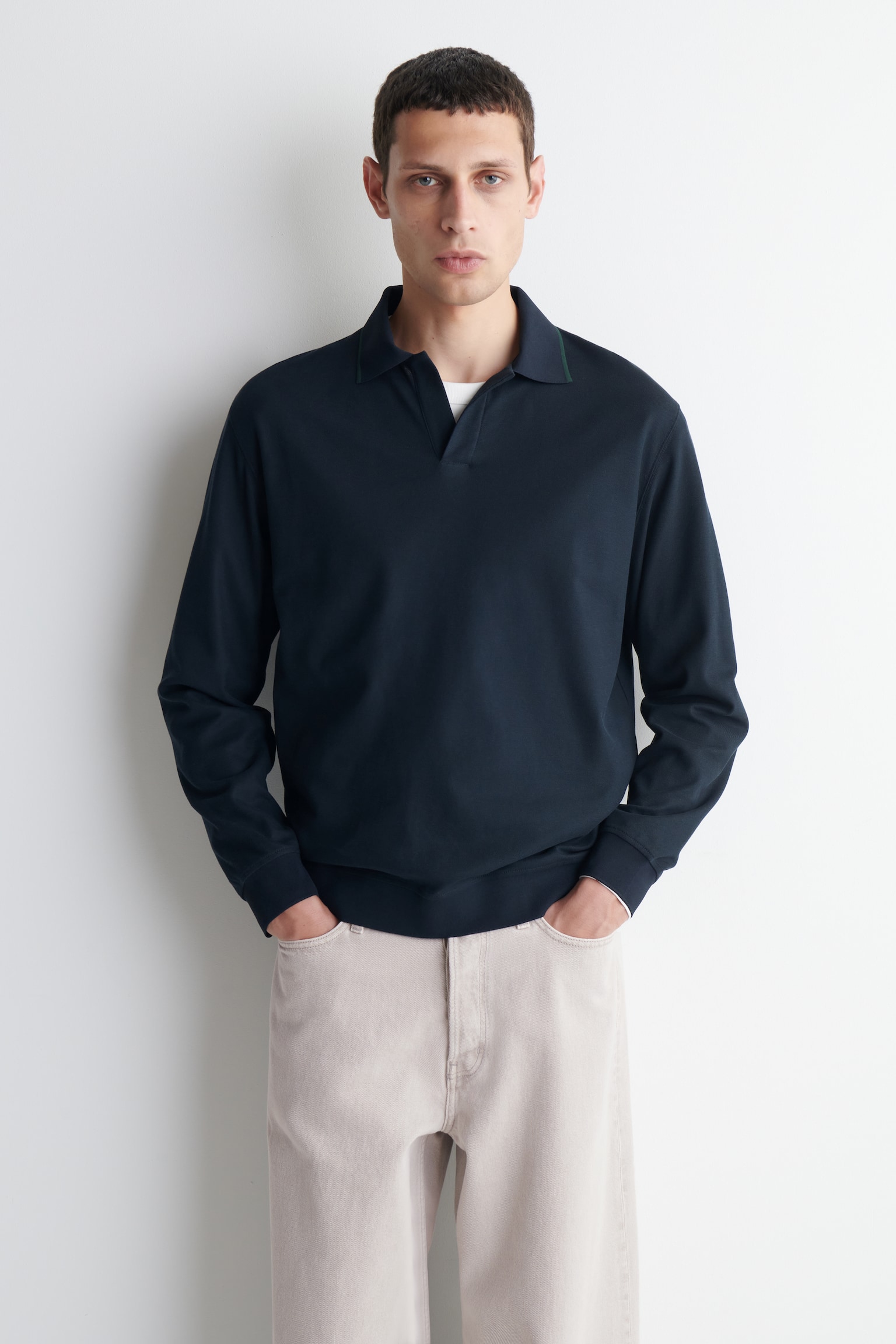 CONTRAST-TIPPED COTTON-PIQUÉ POLO SHIRT - NAVY / GREEN - 1