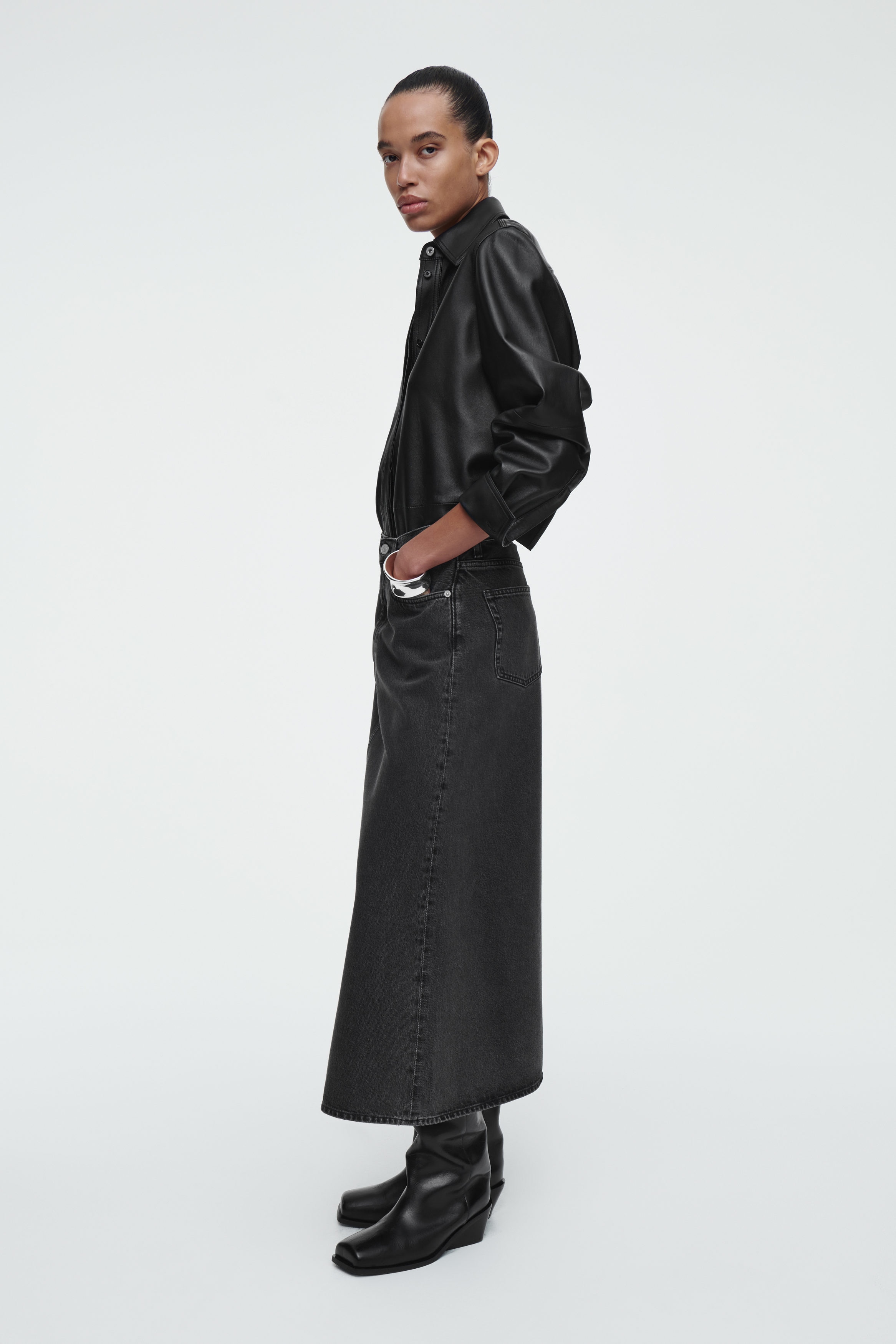A-LINE DENIM MIDI SKIRT - BLACK | COS