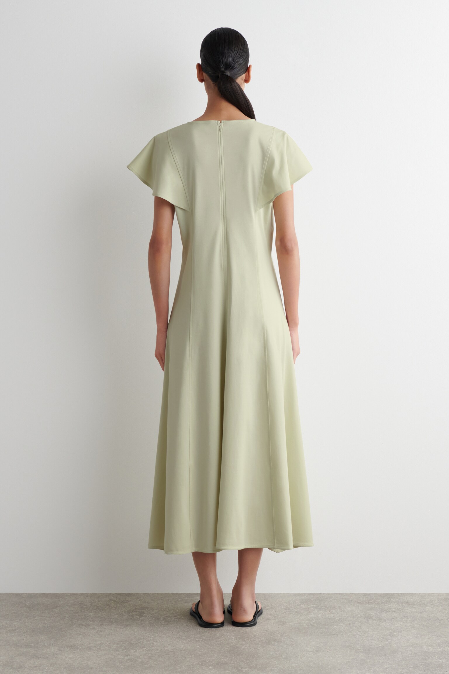 VESTIDO MIDI DE ALGODÓN CON MANGAS PÉTALO - VERDE CLARO/NEGRO - 3