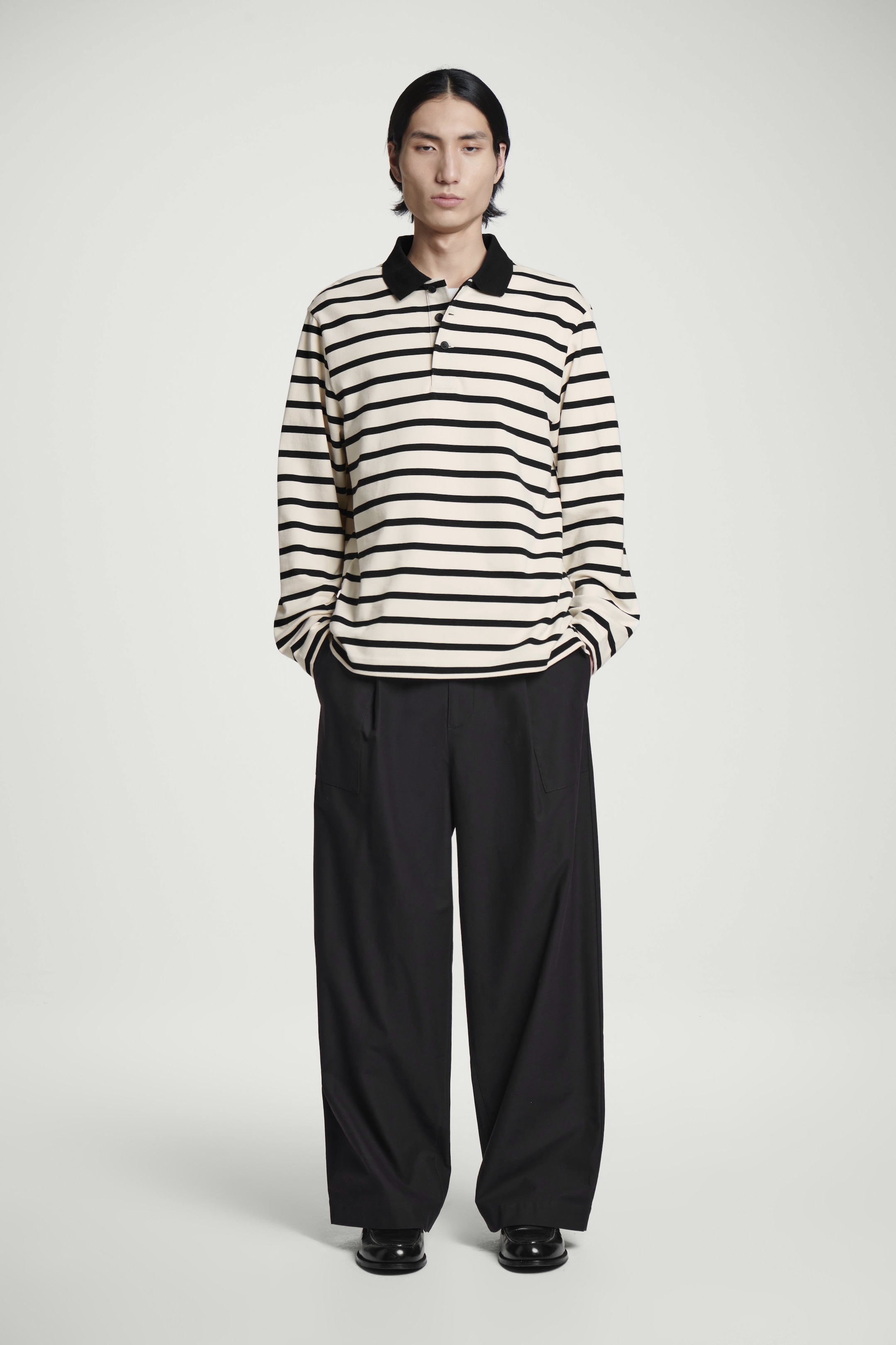 View larger image: STRIPED LONG-SLEEVED POLO SHIRT - ECRU / BLACK - Men | H&M GB 2