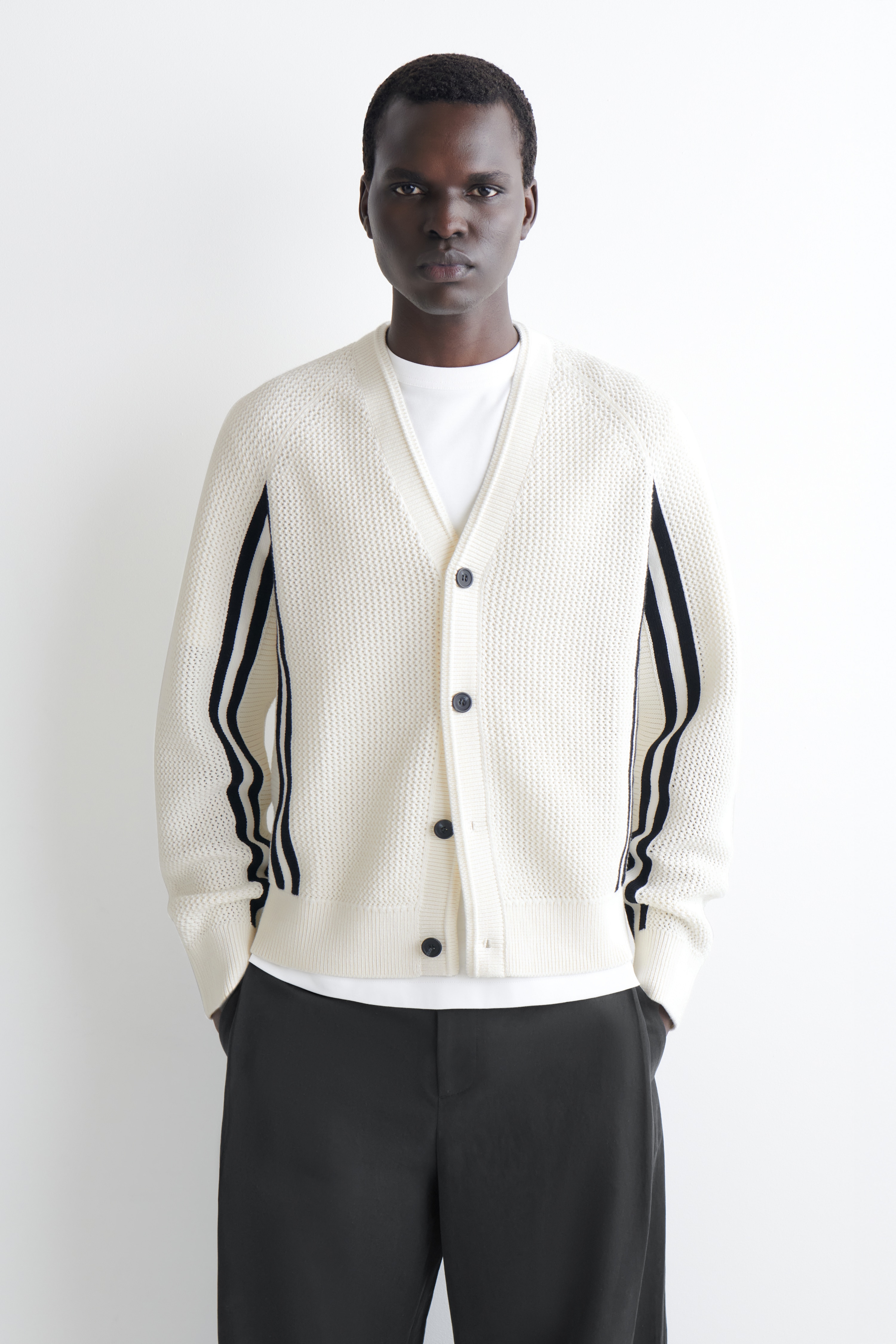 STRIPED OPEN-KNIT COTTON CARDIGAN - WHITE / BLACK