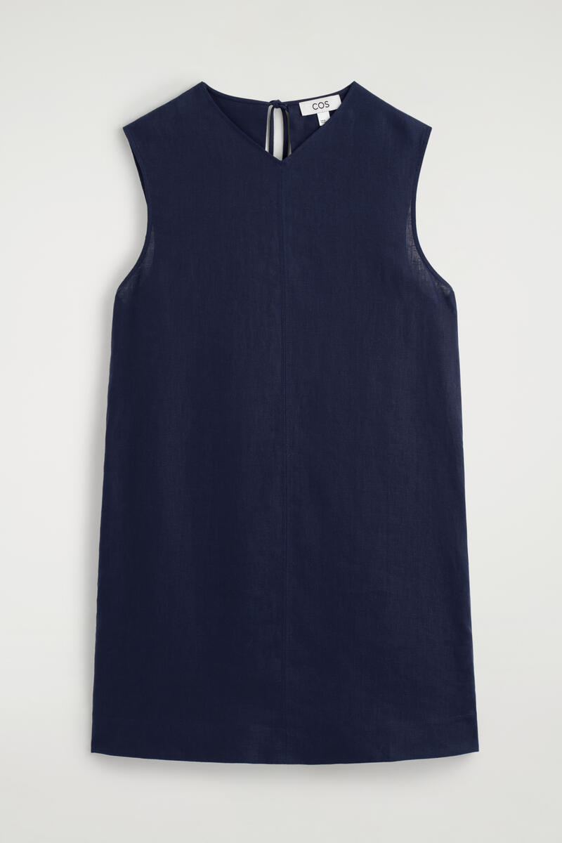V-Neck Open-Back Linen Mini Dress in Navy