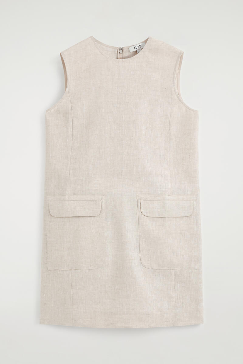 Linen Mini Shift Dress in Beige