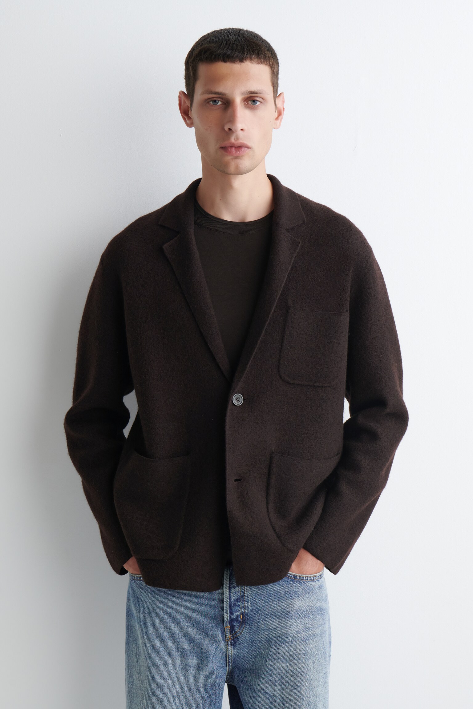 KNITTED BOILED-WOOL BLAZER - DARK BROWN