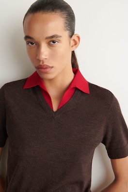 MERINO WOOL LAYERED POLO SHIRT — BROWN / RED 5