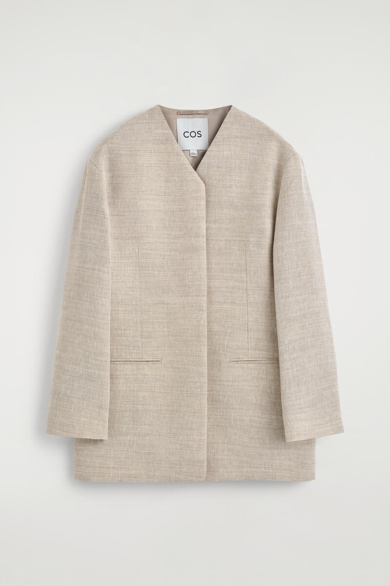 Structured Collarless Linen Blazer in Beige